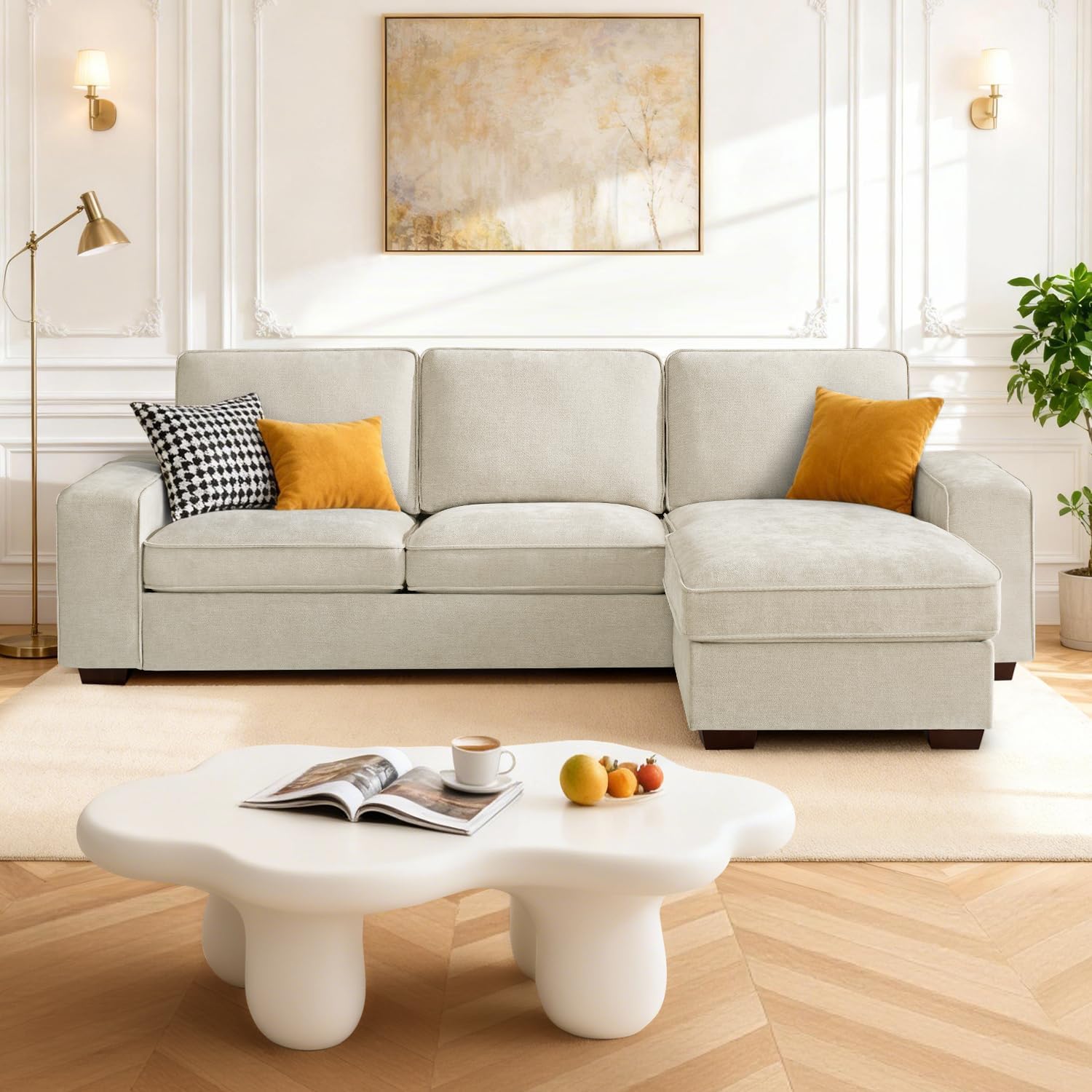 PARKOL 99 L-Shaped Sectional Couch with Storage, Sofa with Reversible Chaise, USB Type-C Charging, Chenille Fabric, Removable Cushion Covers, for Small Space, Apartment, Living Room, Beige