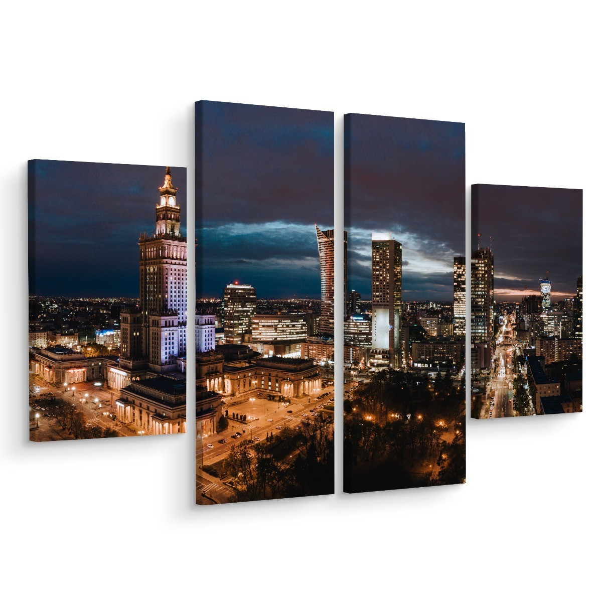 Obraz Tetraptyk Panorama centrum Warszawy nocą 80x60cm