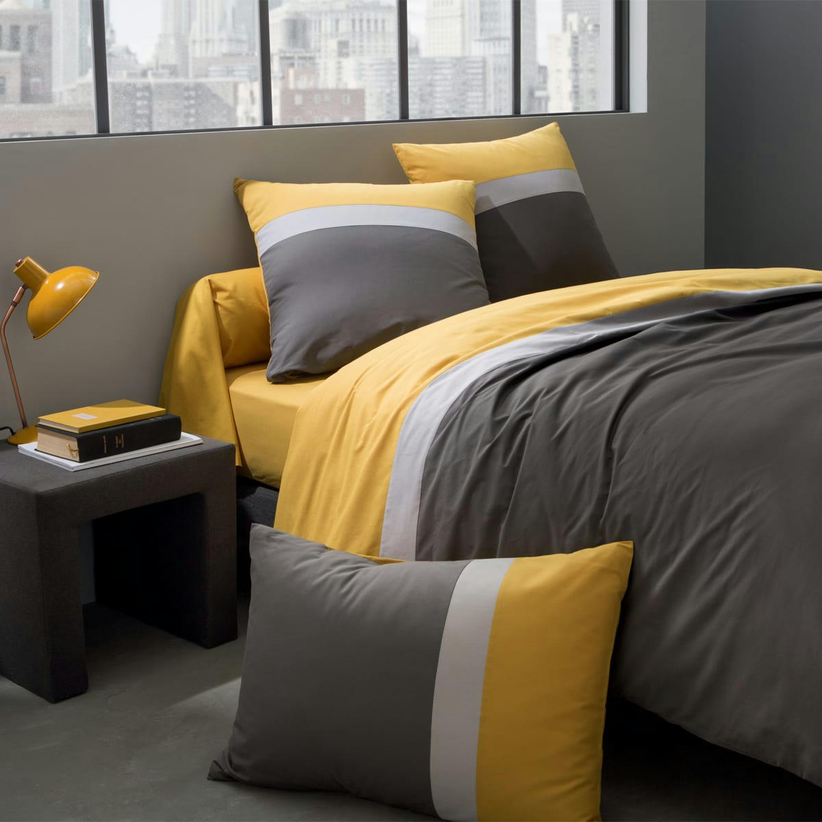 MÉLI MÉLO - Housse de couette unie gris et curry 260x240