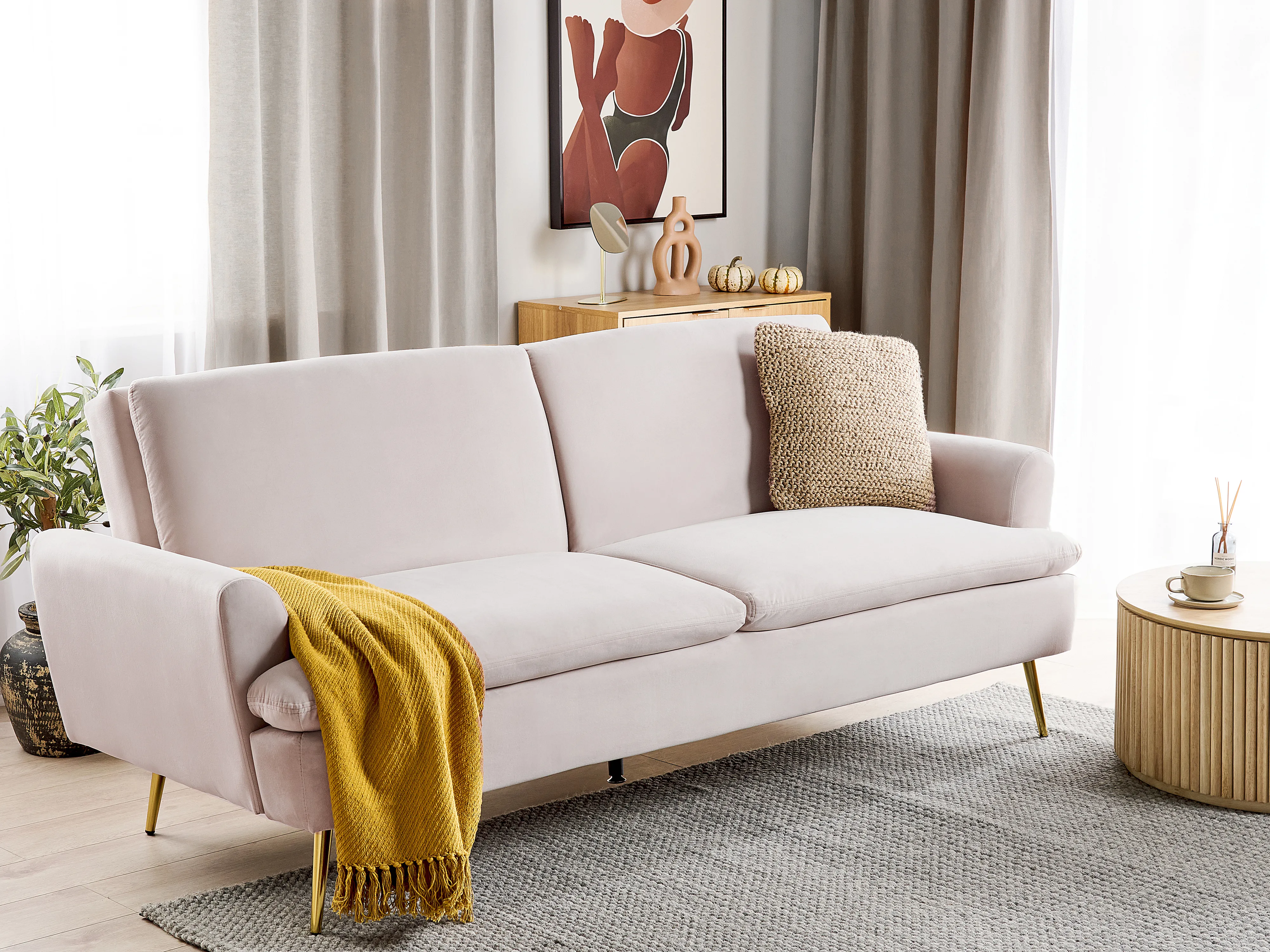 Sofa Bed 3 Seater VETTRE Velvet Light Beige