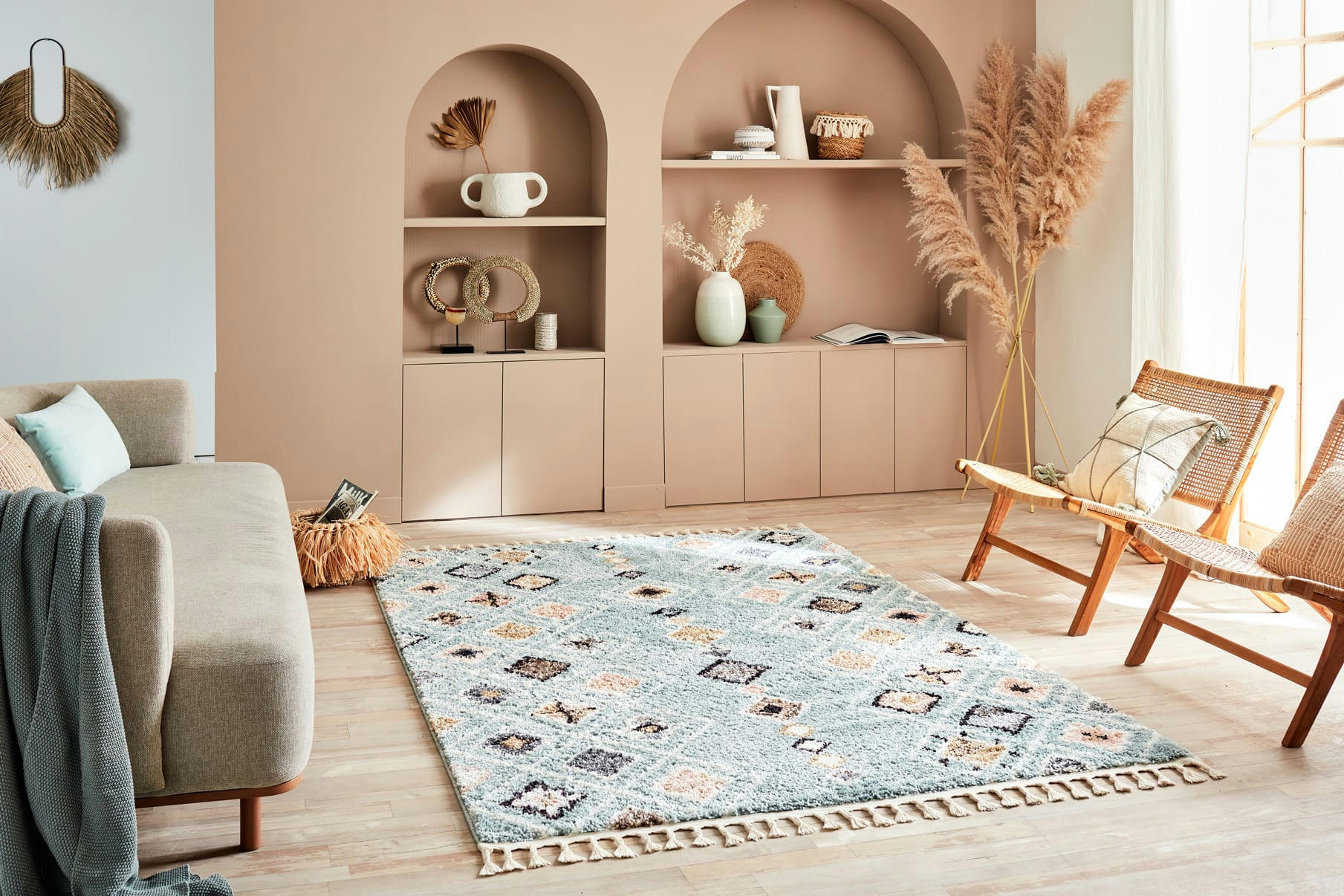 DELYA - Tapis salon berbere turquoise 160x230 dessin ethnique