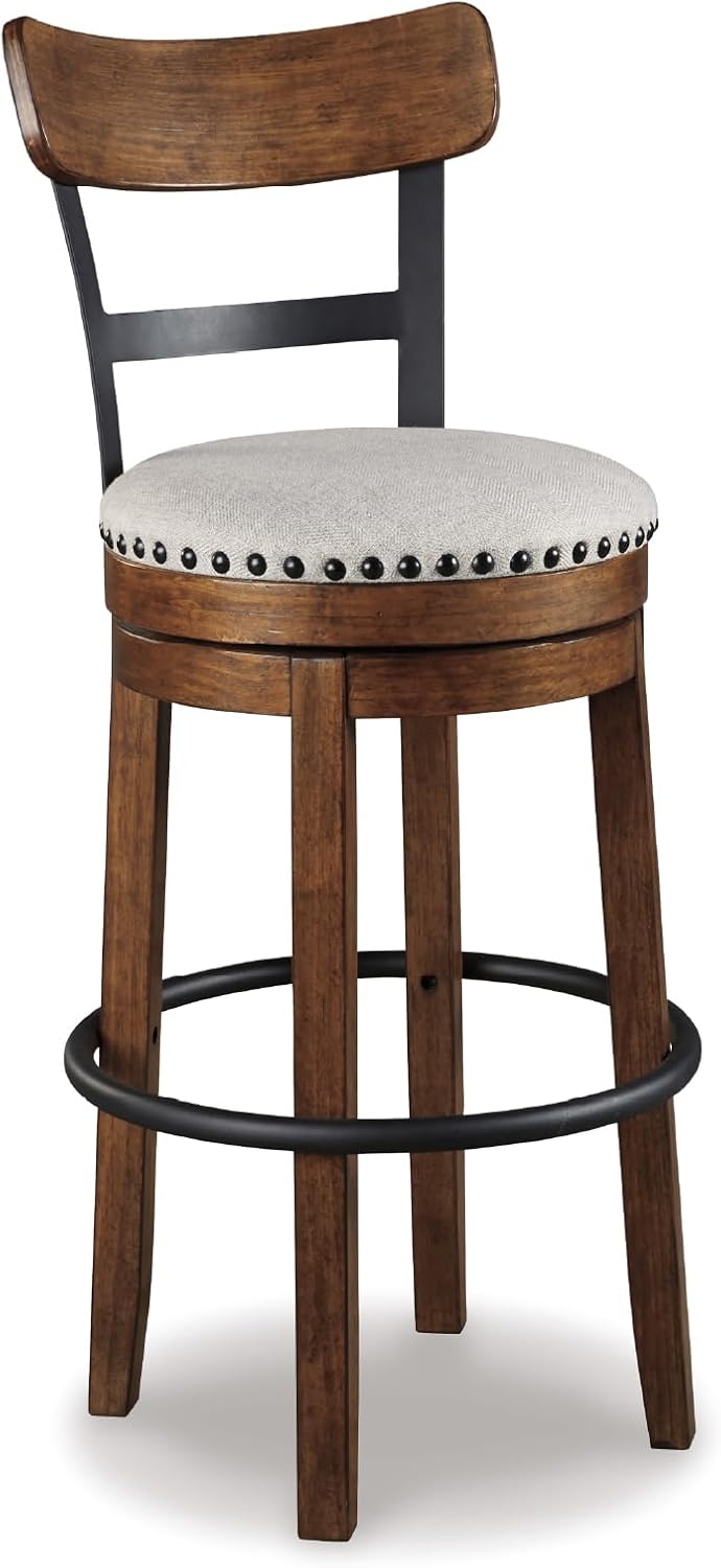 Signature Design by Ashley Valebeck | 30″ Farmhouse Pub-Height Swivel Barstool With Back – Upholstered Cushion, Nailhead Trim, Metal & Wood Frame, Brown