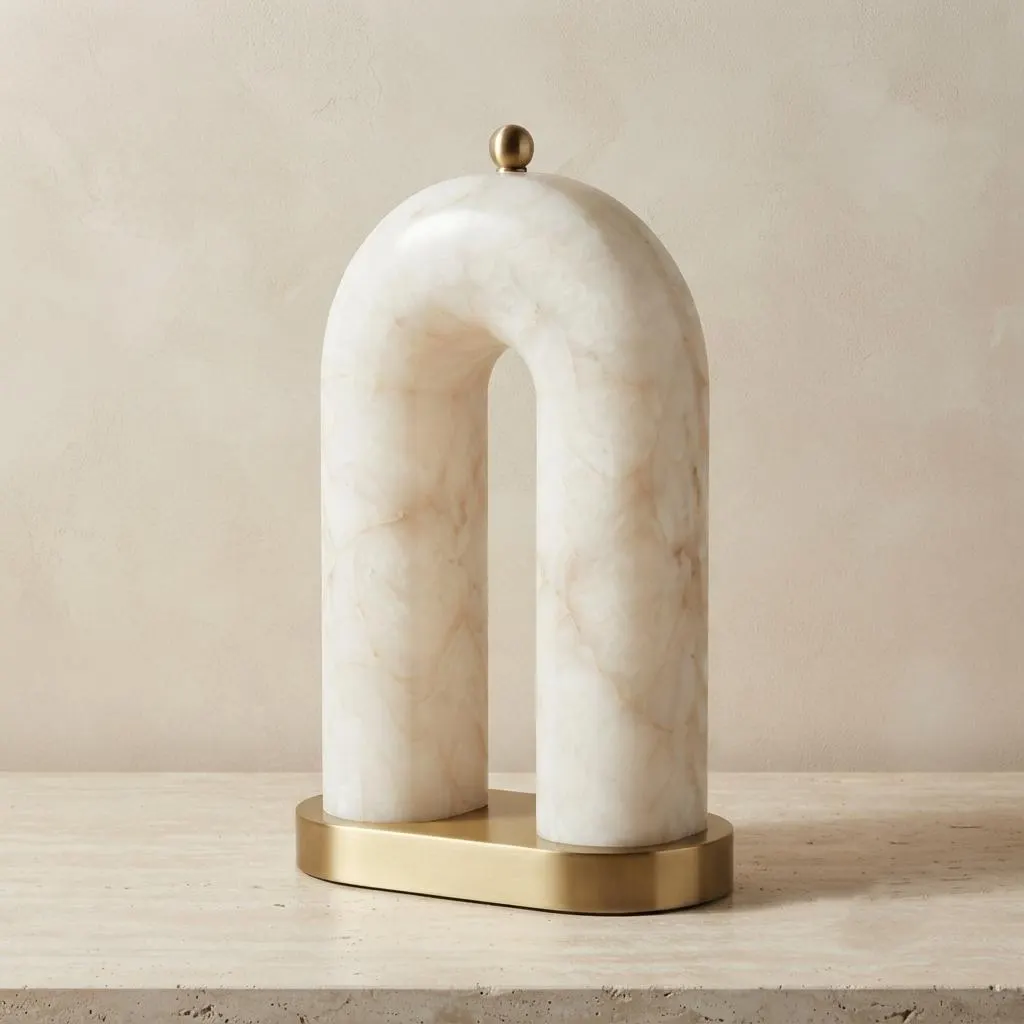 Alabaster Table Lamp, Arched Stone Lamp, Brass Base Nightstand Lamp, Modern Organic Decor, Warm Ambient Bedside Lighting