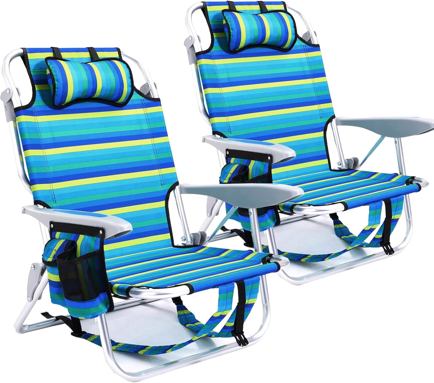 2 Pack Lightweight Portable Camping Beach Chair for Adults, Outdoor Lay Flat Folding Beach Chairs with 5 Positions, Backpack Beach Chair with Towel Bar, Zipper Pouch, Cup Holder, Ocean Striped