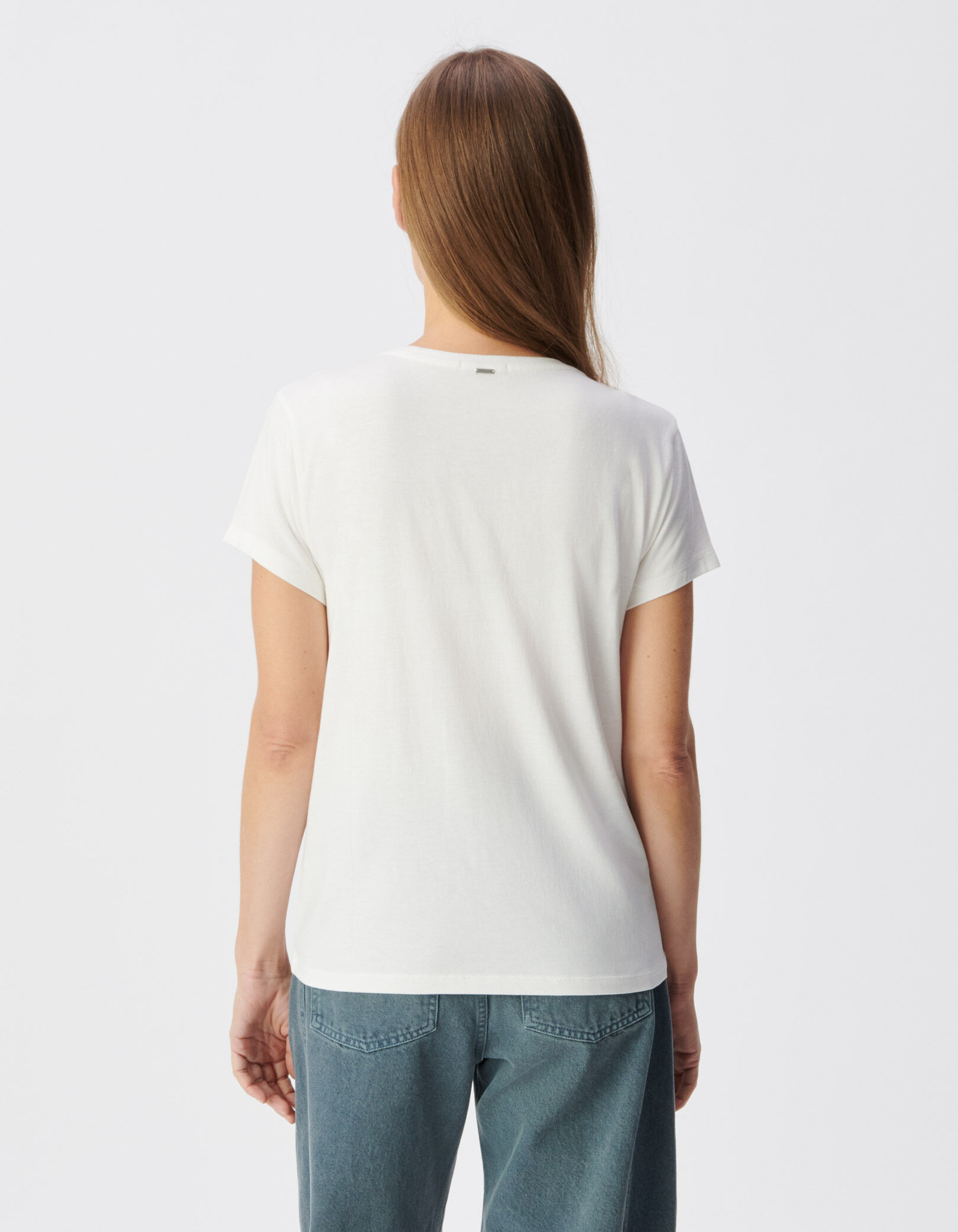 Tee-shirt encolure V blanc message brodé Femme