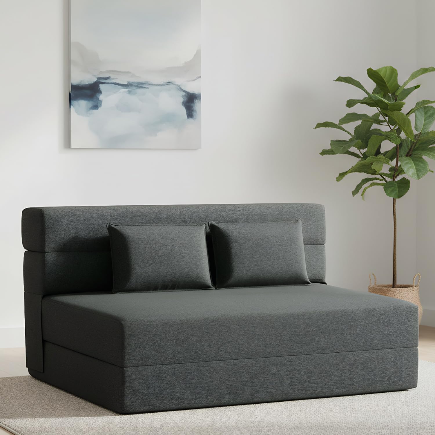 FILUXE Convertible Folding Sofa Bed - Sleeper Chair with Pillow, Modern Linen Fabric Floor & Futon Couch, Foldable Mattress for Living Room/Dorm/Guest Use/Home Office/Apartment, Queen Size, Dark Gray