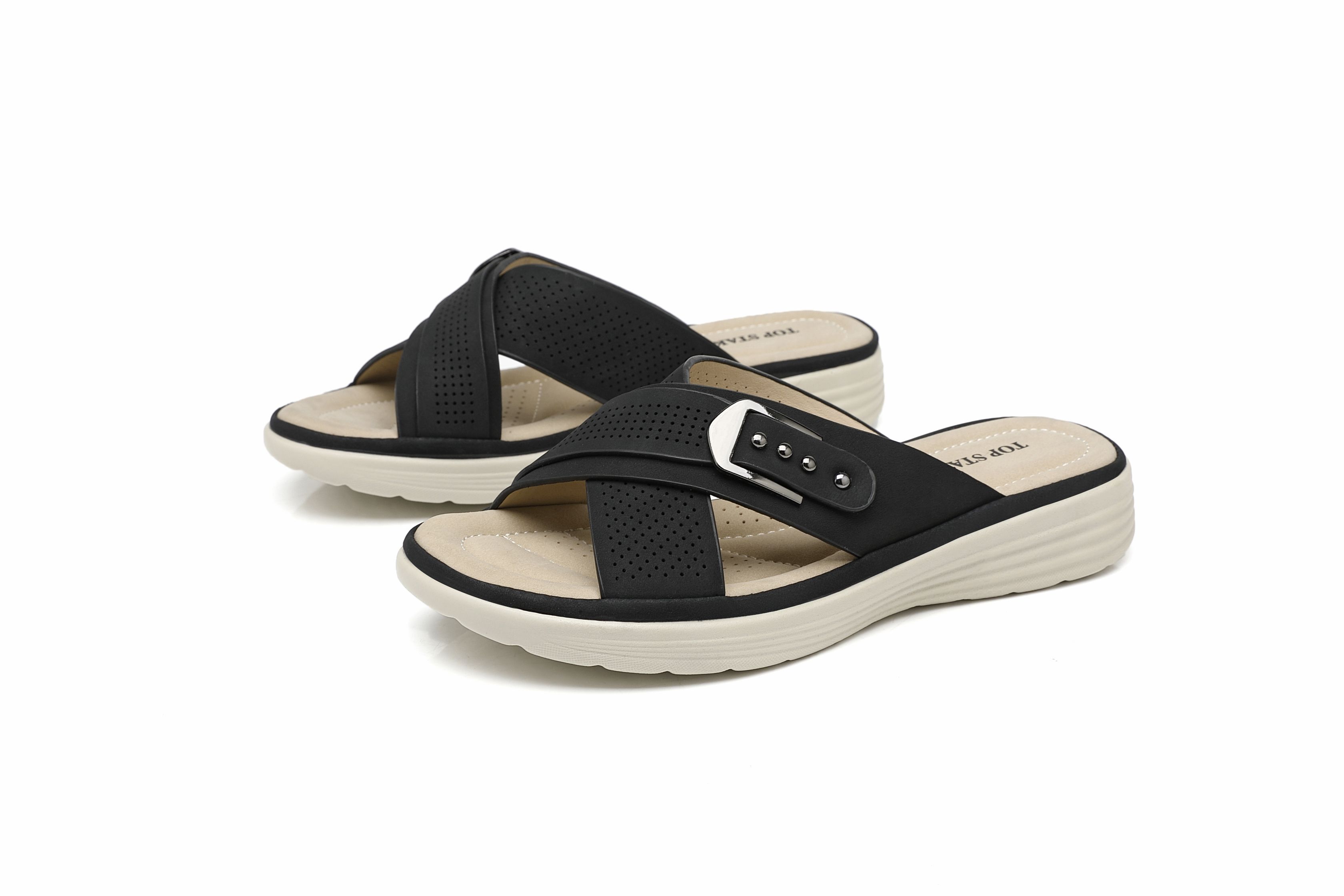 IVACHY Cross Strap with Decorative Buckle Mule Slippers Slide Sandals