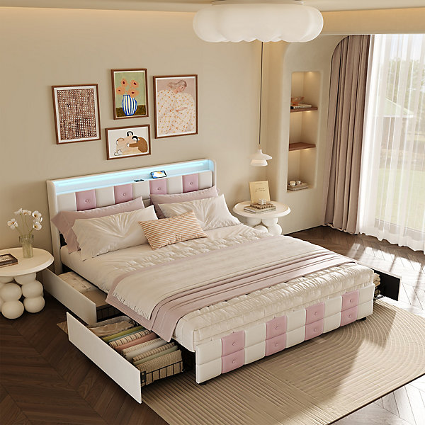 Lit à tiroirs 160x200cm avec lumière LED et port USB, doté de 4 tiroirs de rangement, blanc et rose