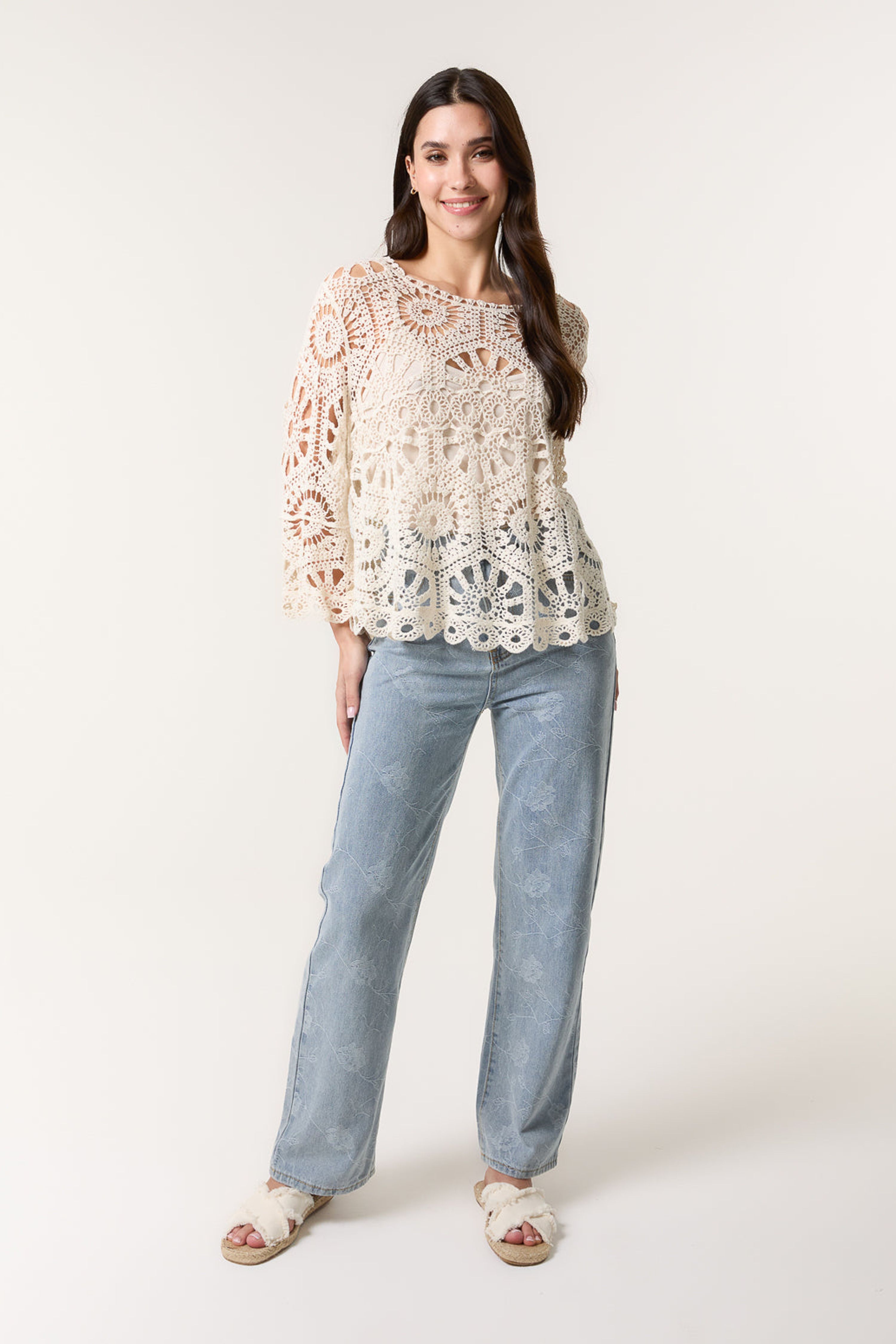 Blue Vanilla Stone Crochet Top With Flared Sleeves
