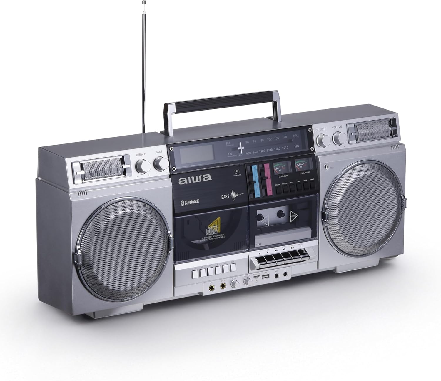 aiwa Retro Boombox CD Player with Cassette Recording  Bluetooth 5.0  FM/AM Radio  USB/SD/AUX Inputs  VU Meters  LCD Display  Dual 40W Speakers - Silver