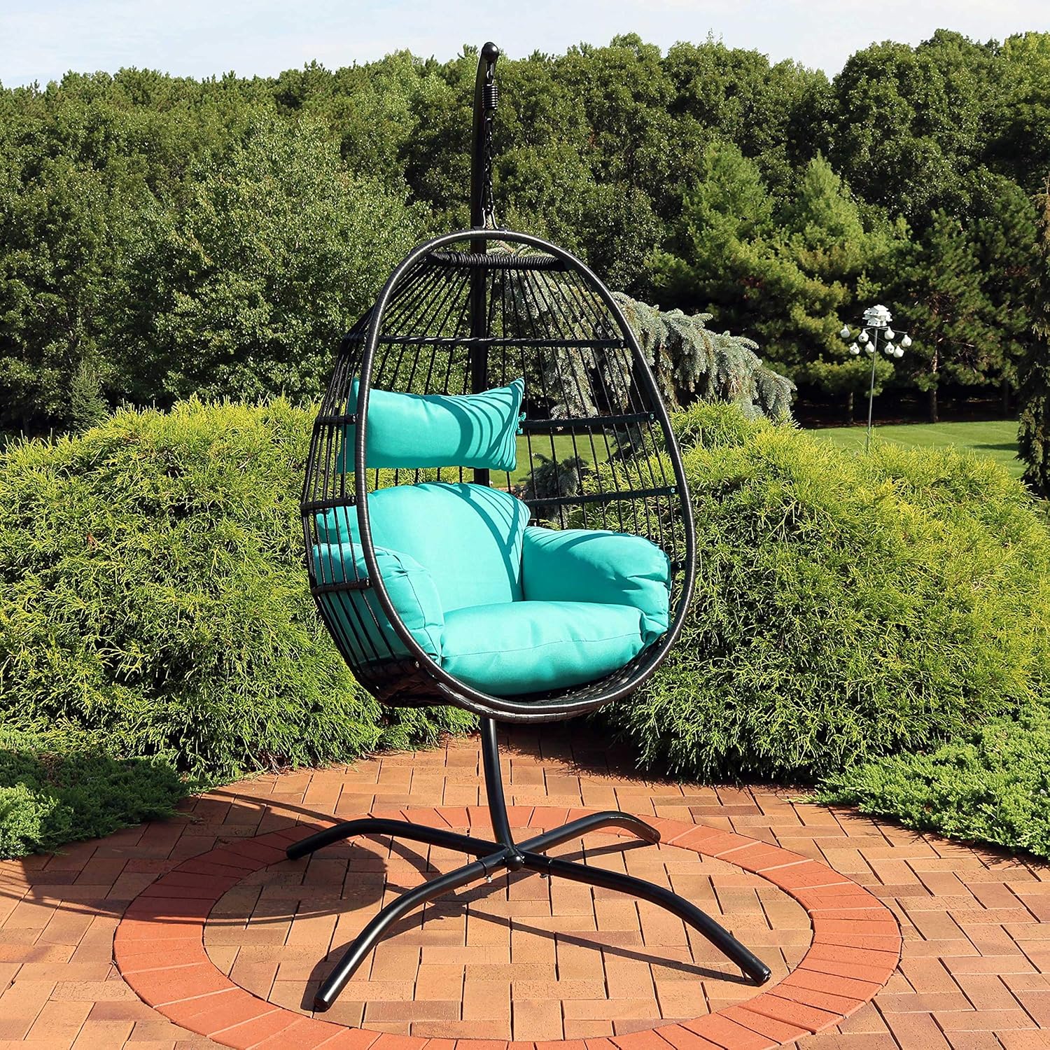 Sunnydaze Dalia Resin Wicker Hanging Egg Chair with - Teal Polyester Cushions and Powder-Coated Steel Stand - 81 Inches H
