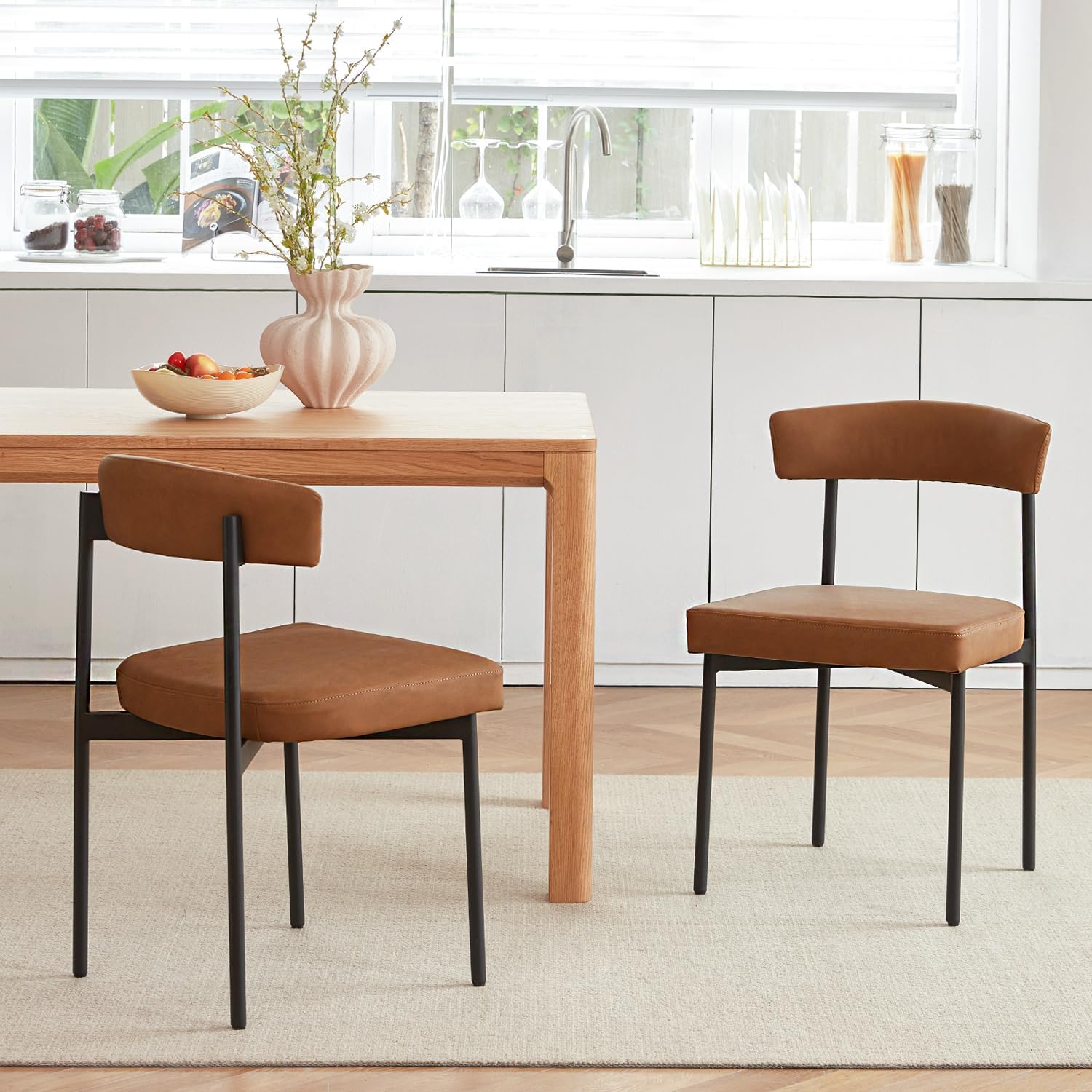 GrandNoor Brown Faux Leather Dining Chairs Set of 2, Armless Upholstered Kitchen Chair,Modern Dining Room Chair with Curved Backrest