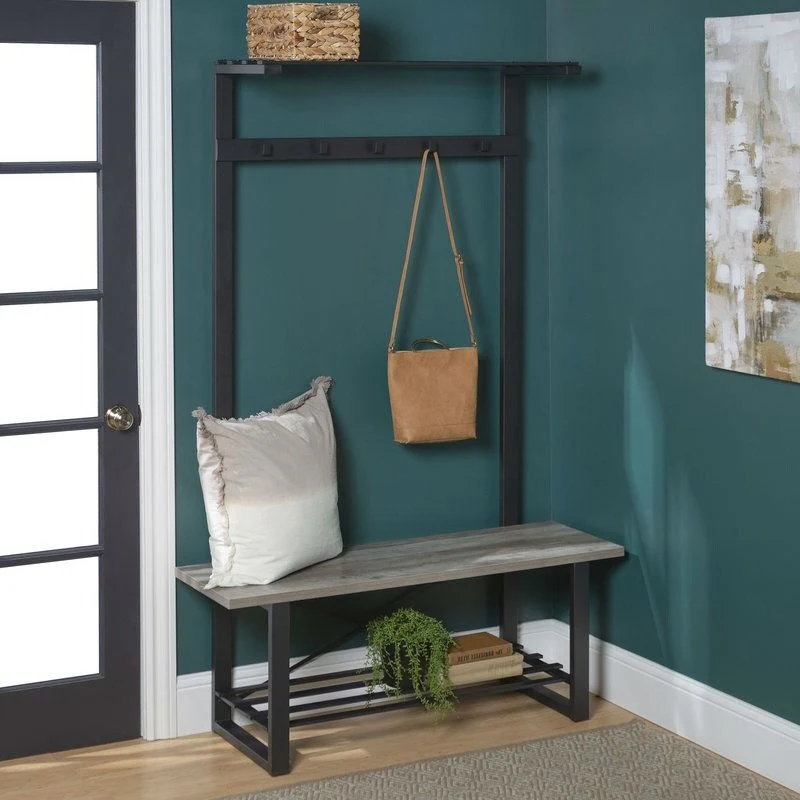 Daily Boutik Gray Rustic Sturdy Metal Entryway Hall Tree Coat Rack - 44 x 16 x 72