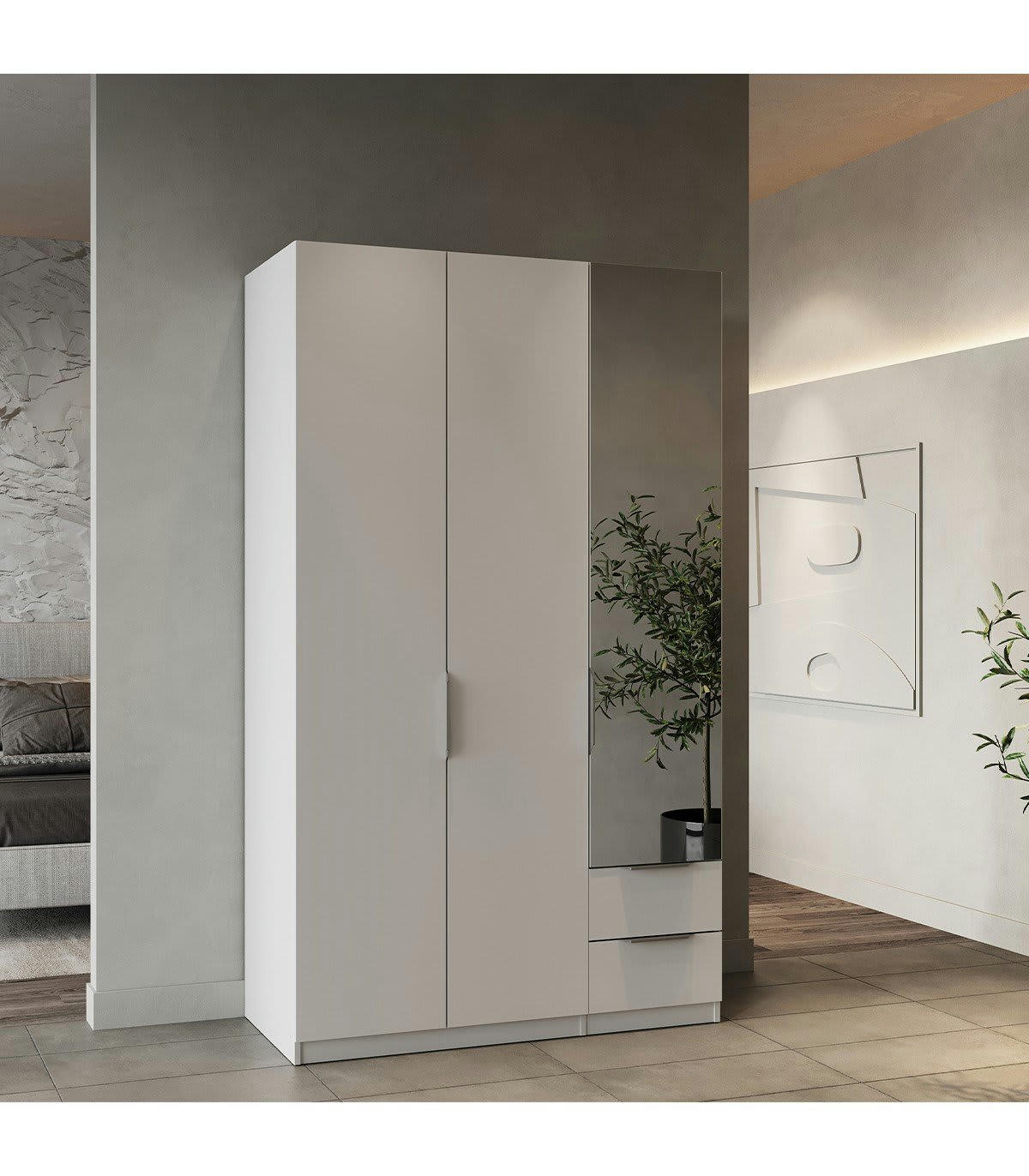 GHOST - Armoire 3 portes, 2 tiroirs et 1 miroir - L119,4 cm