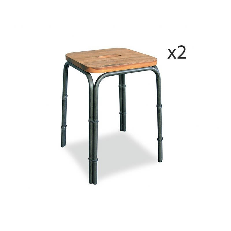 WORKSHOP - Lot 2 tabourets bois et métal style loft