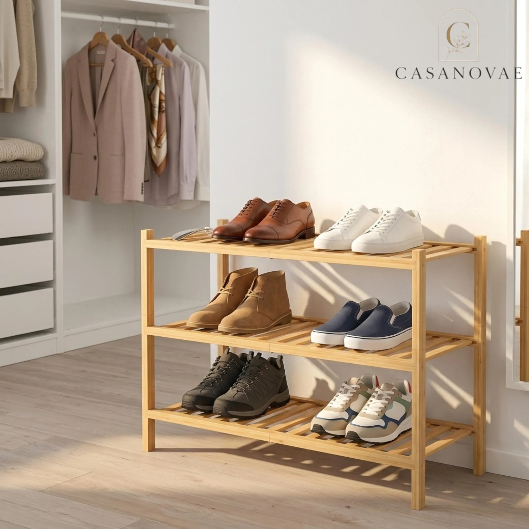 3 Tier Bamboo Shoe Rack 27inch Floor | Entryway Closet Shoe Organizer | Home Storage Gift