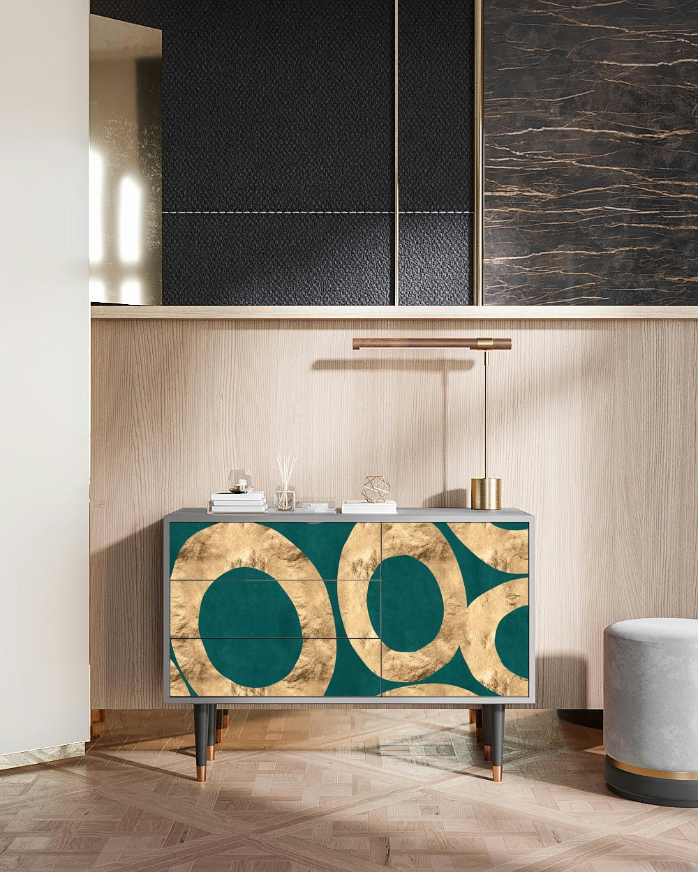 ZIRCON SPHERE - Buffet  bleu-vert 3 tiroirs et 1 porte L 115 cm