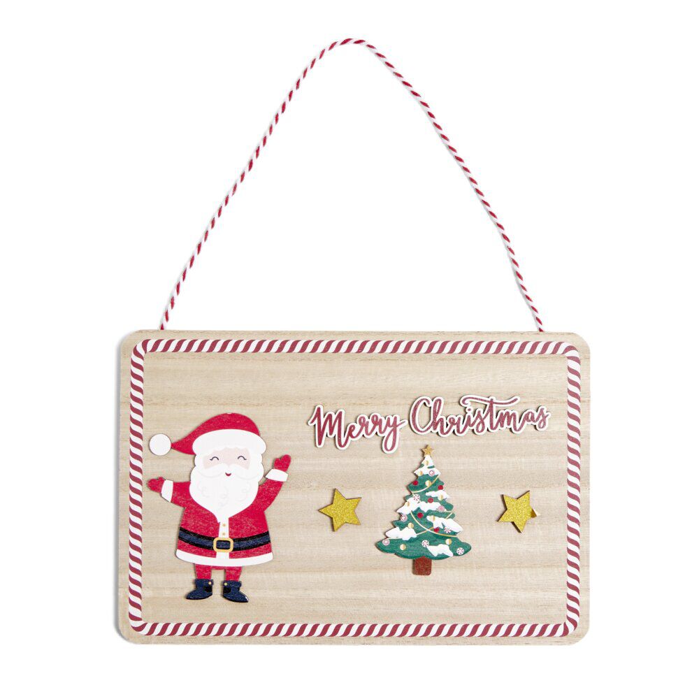 Pancarte en bois Père No&euml;l Merry Christmas à suspendre 20x30cm