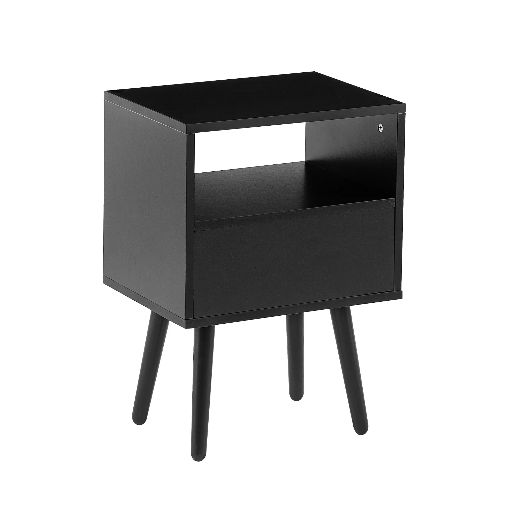 Rattan Nightstand With Drawer And Solid Wood Legs