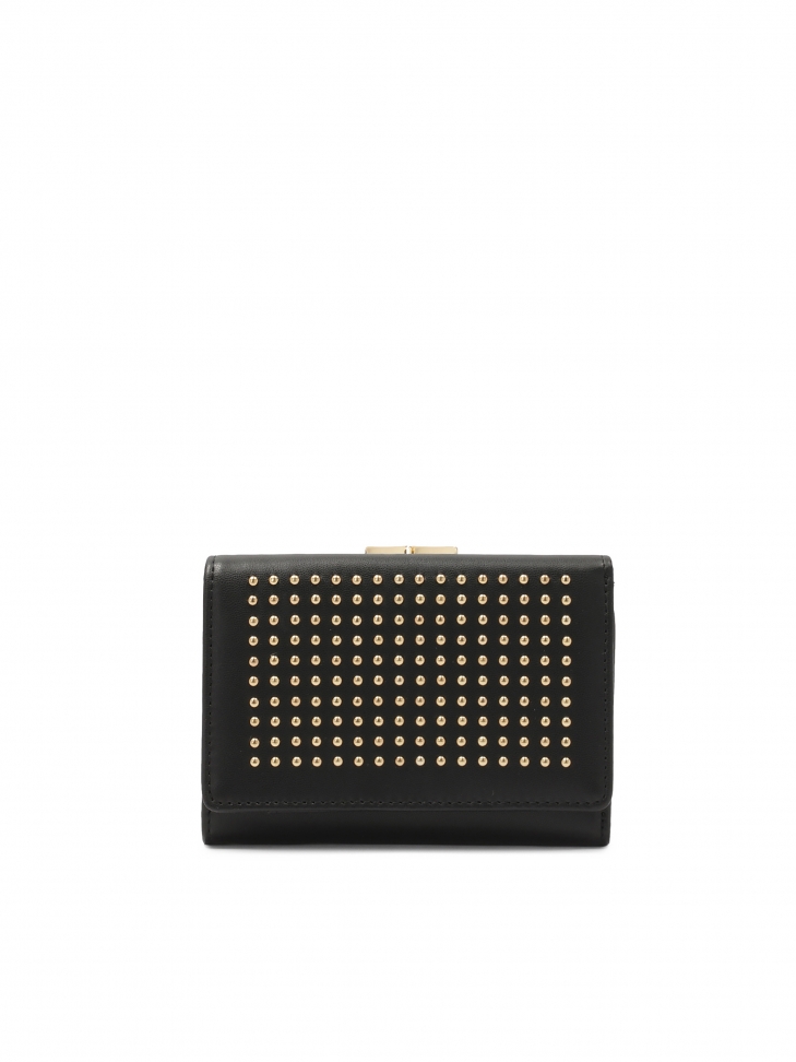 Unfolded black wallet with silver rhinestones