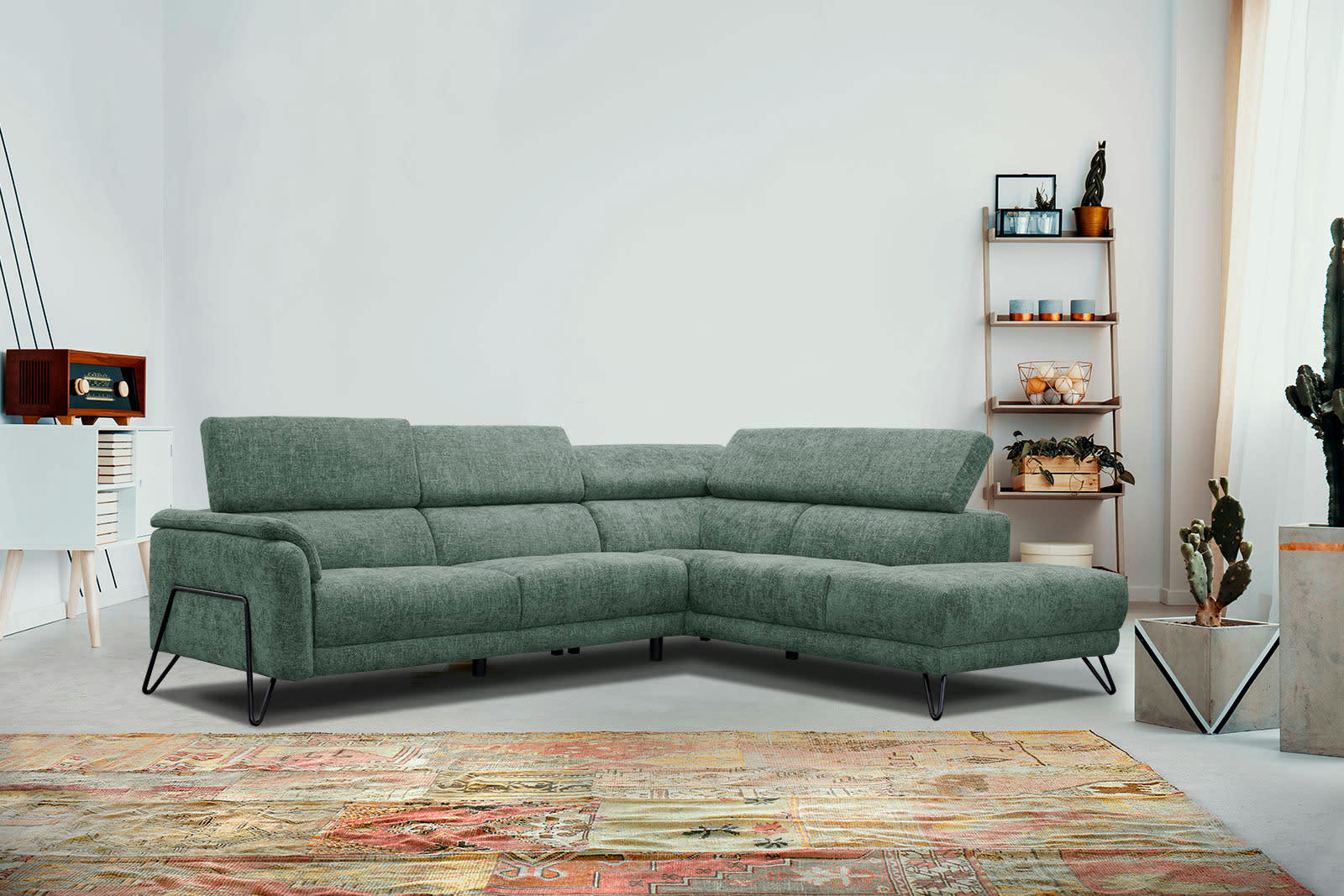 RODEN - Canapé d'angle droit 5 places tissu vert