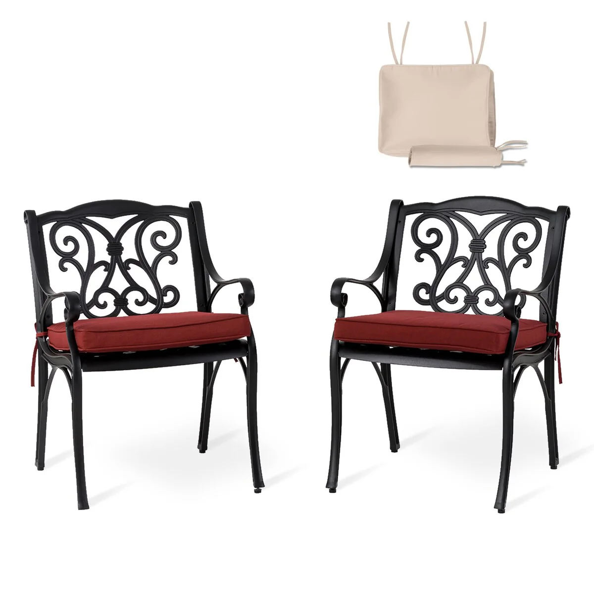 Set of 2 Cast Aluminium Dining Chairs with Olefin Fabric Cushions (Includes Alternative Covers)