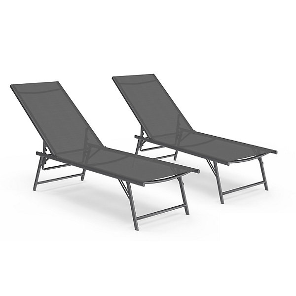 Lot de 2 transats de jardin inclinables KAILUA en acier gris anthracite et toile grise