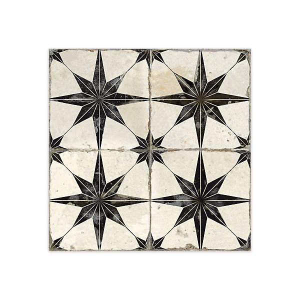 Carrelage Vintage effet Carreau ciment 3D Etoile Noire et Fond Blanc 45x45x0,95 cm Sparta - Sol et mur intérieur (vendu par carton