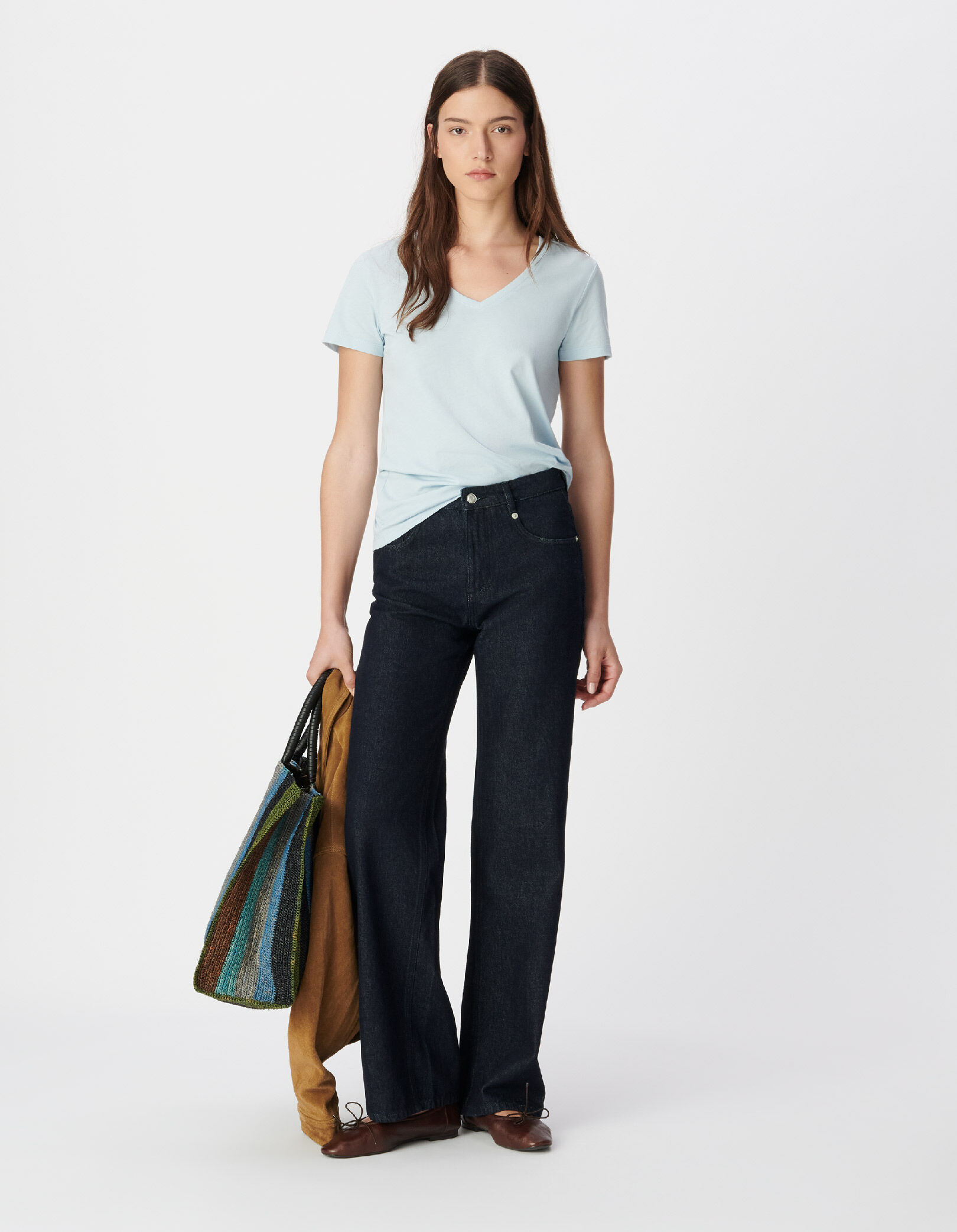Tee-shirt col V bleu Femme