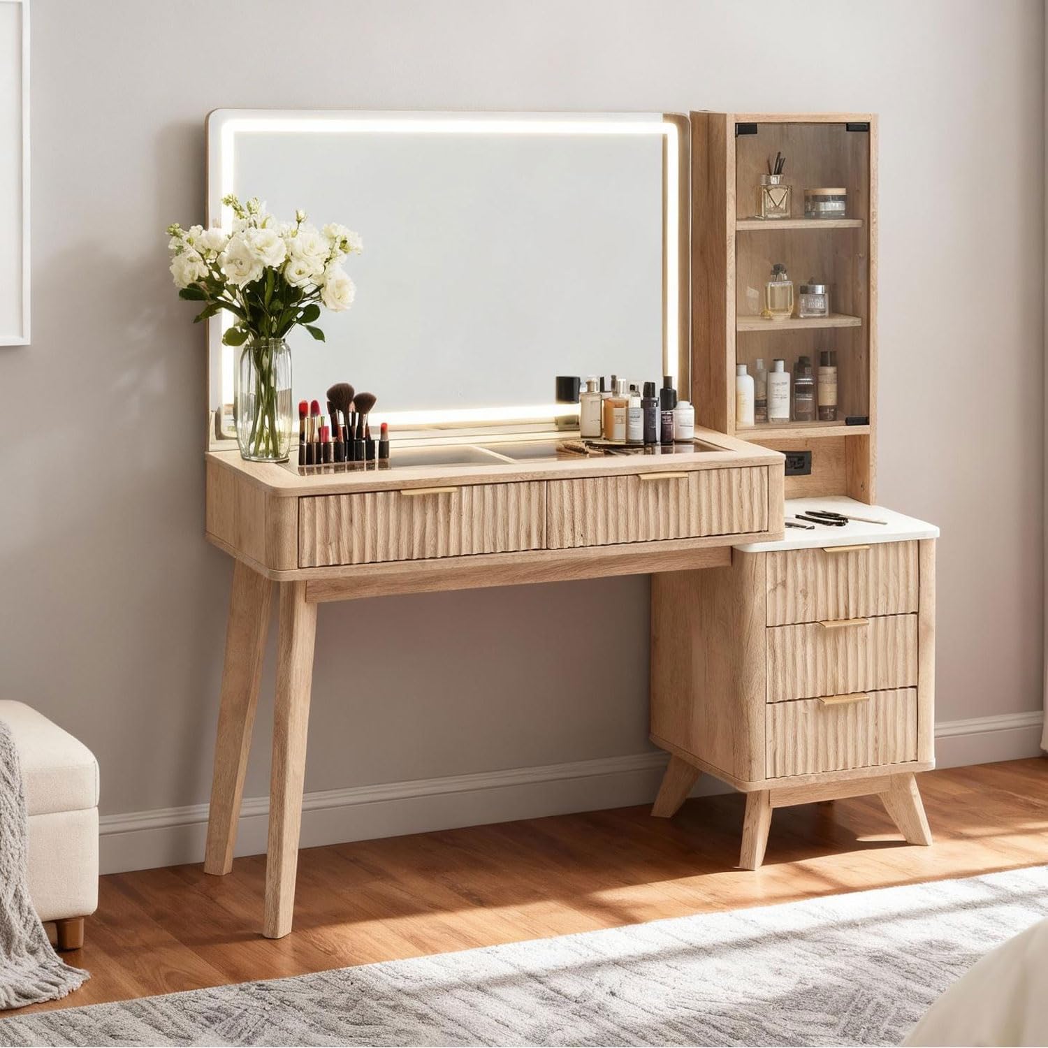 RedLemon 48 Fluted Vanity Desk with 36 Large HD Mirror and Lights, Modern Wood Glass Tabletop Makeup Table with Adjustable Storage Shelves, 5 Drawers, Charging Station for Bedroom, Natural Oak