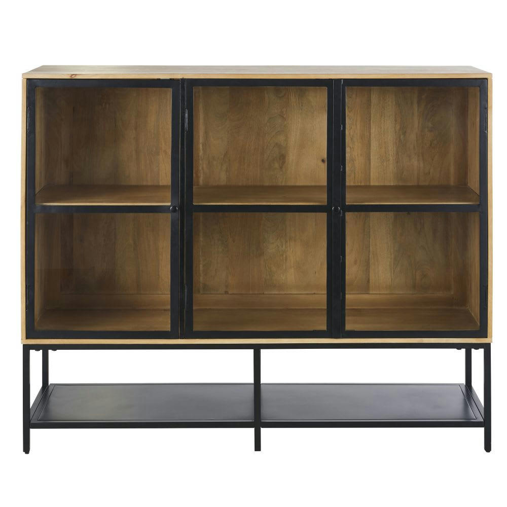 Wayampi - Vitrine 2 portes en bois de manguier massif et métal noir