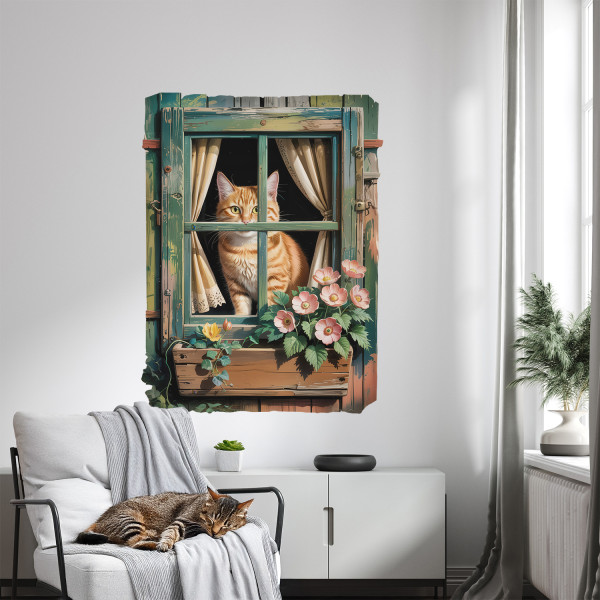 Naklejka dziura 3D kotek w oknie efekt dziury 60x80