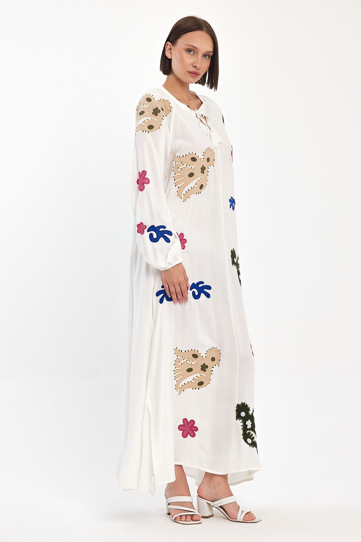 Belissh Embroidered Maxi Dress with Statement Motifs in White