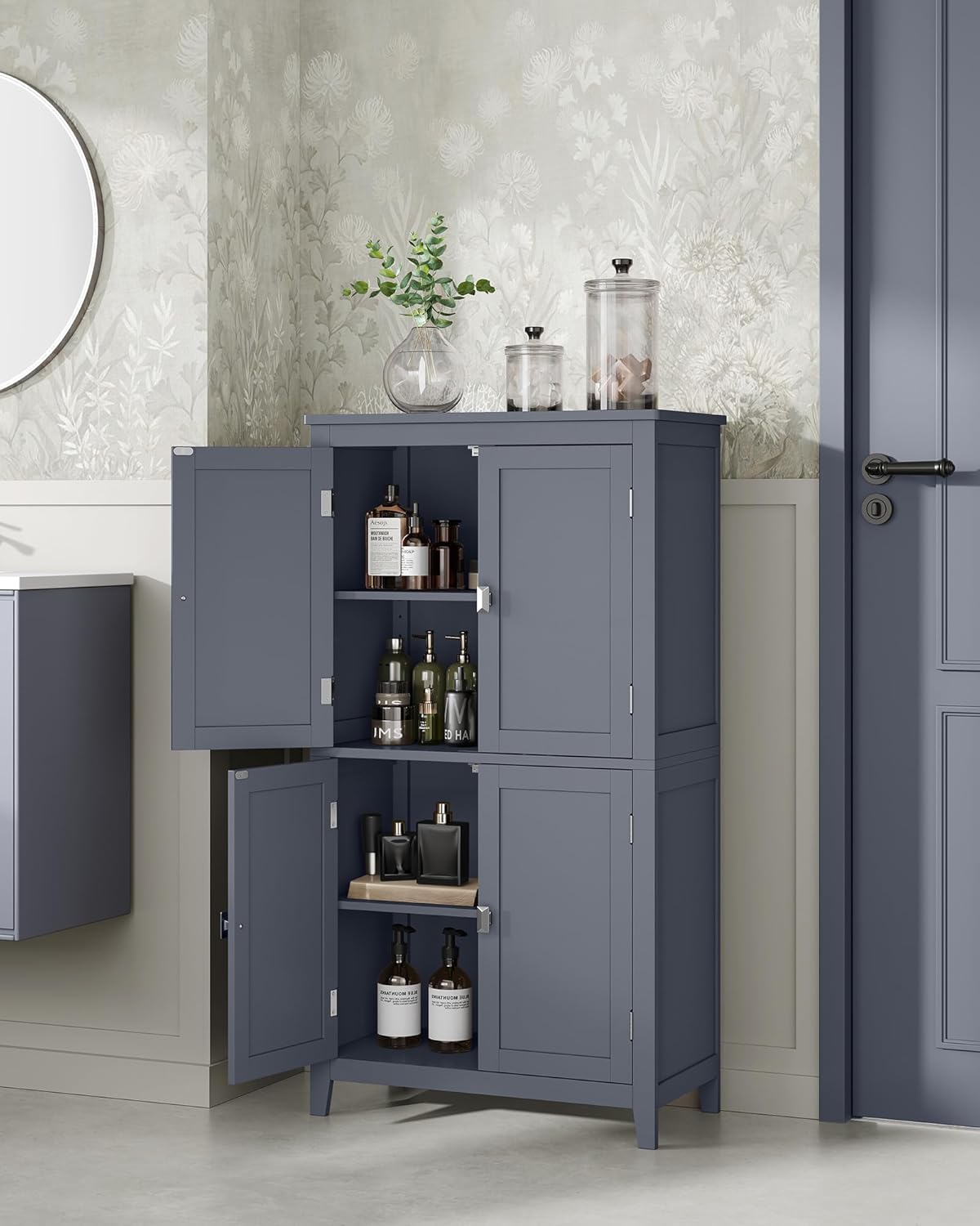 VASAGLE Floor Storage Cabinet, Freestanding Storage Unit with 4 Doors, Adjustable Shelves, 11.8 x 23.6 x 43.3 Inches, for Entryway, Bathroom, Slate Gray UBBC552G01