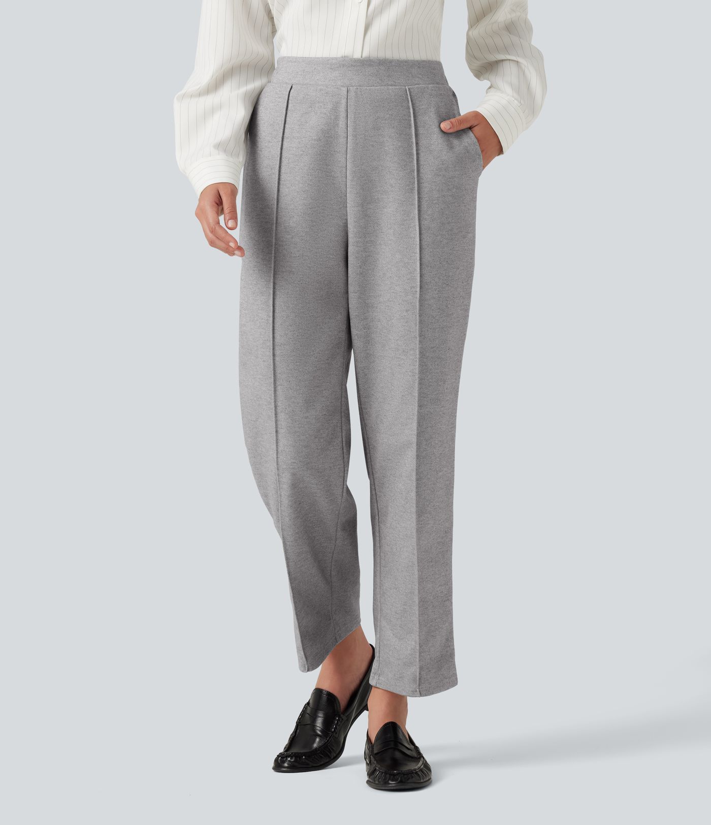 Pantalon de bureau taille haute à plis nervurés, coupe fuselée avec poches