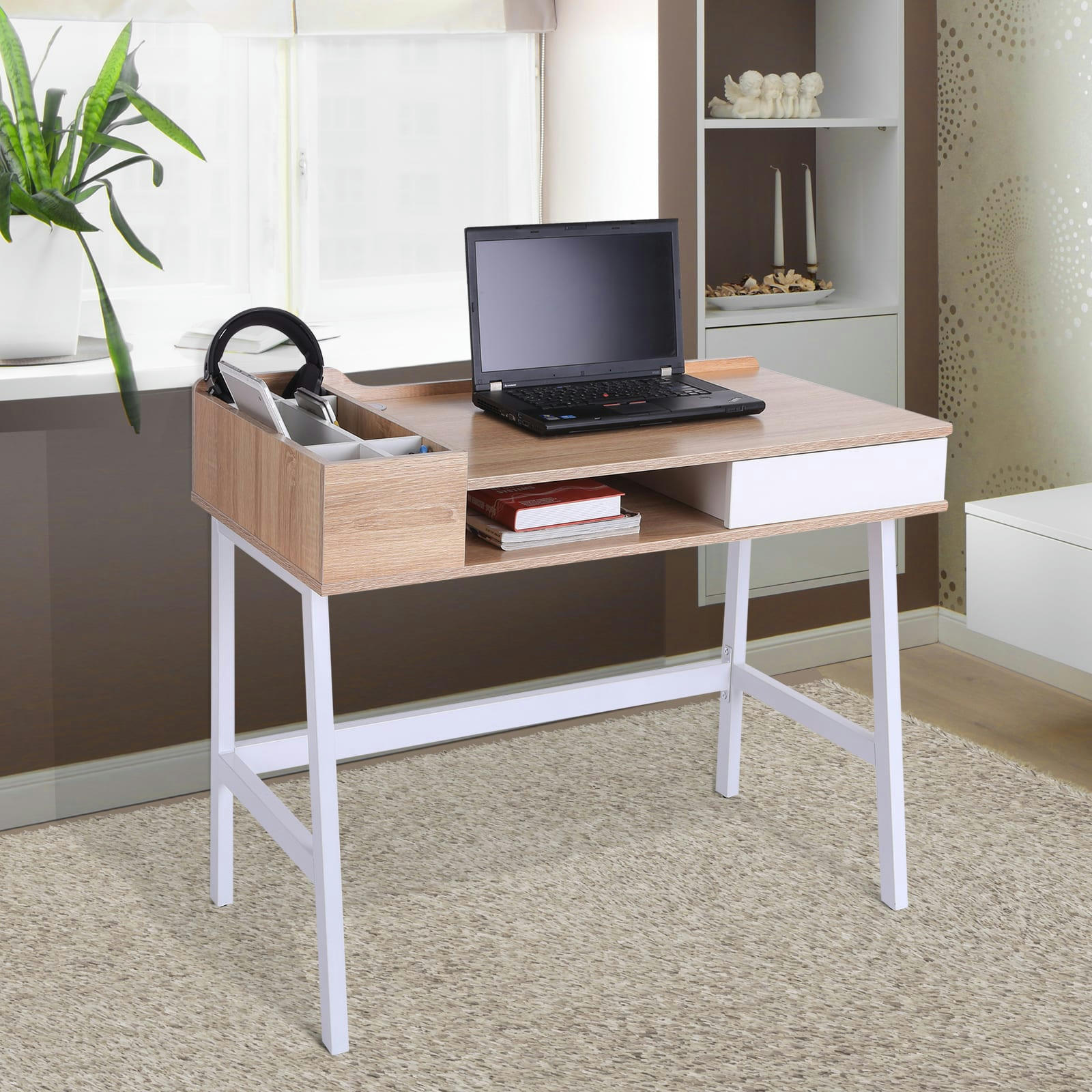 - Bureau informatique multi-rangements métal blanc MDF chêne clair