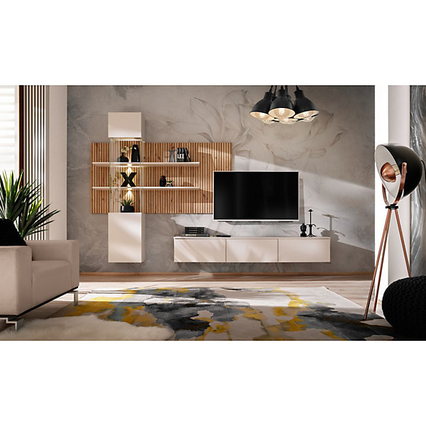 Composition murale ALVANO (Beige &Chene)Panneau mural, meuble vitré LED et meuble TV