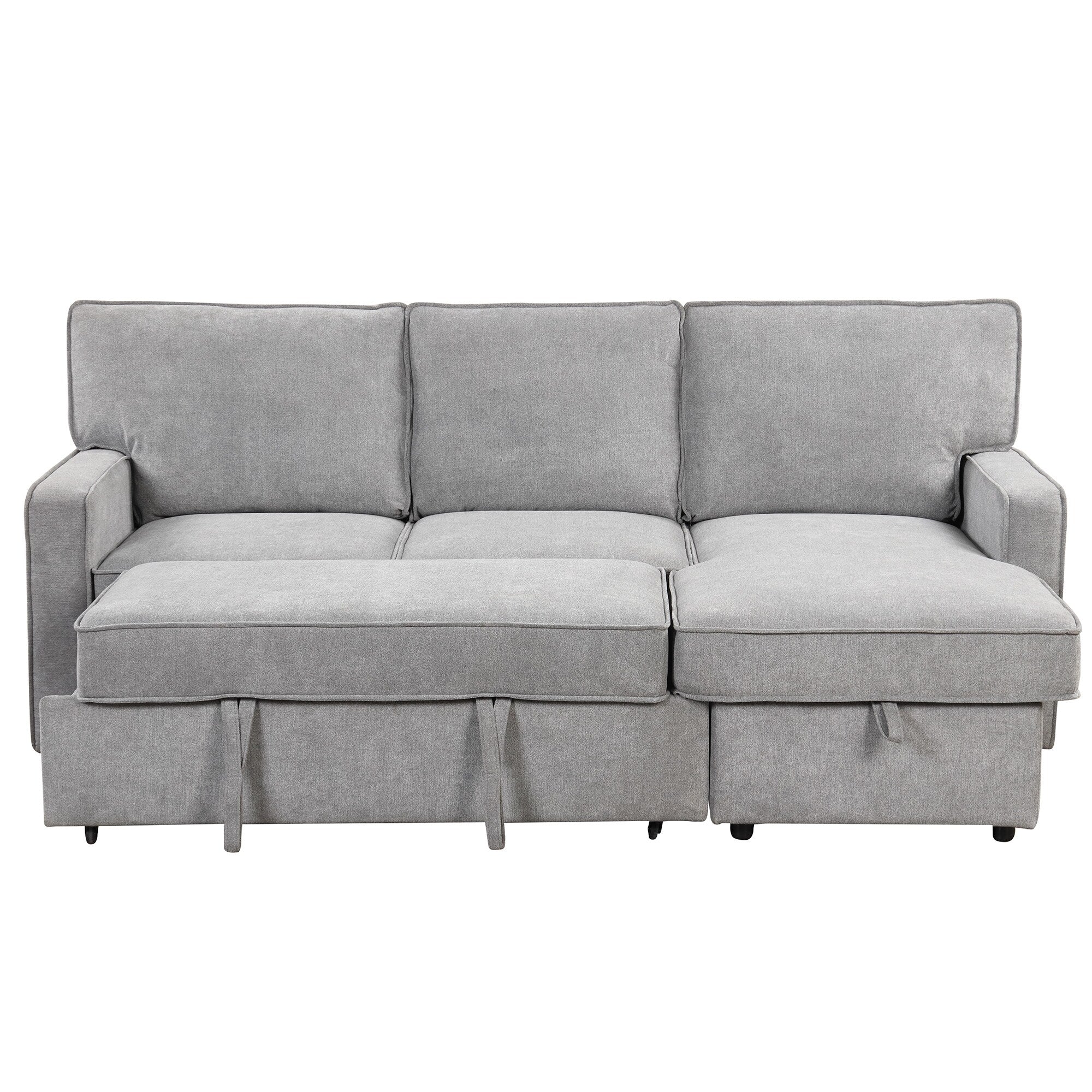Grey 89'' Polyester Sleeper Sofa, 3-Seater with Pull-Out Bed, Storage Ottoman, USB Port, and Built-In Cup Holders