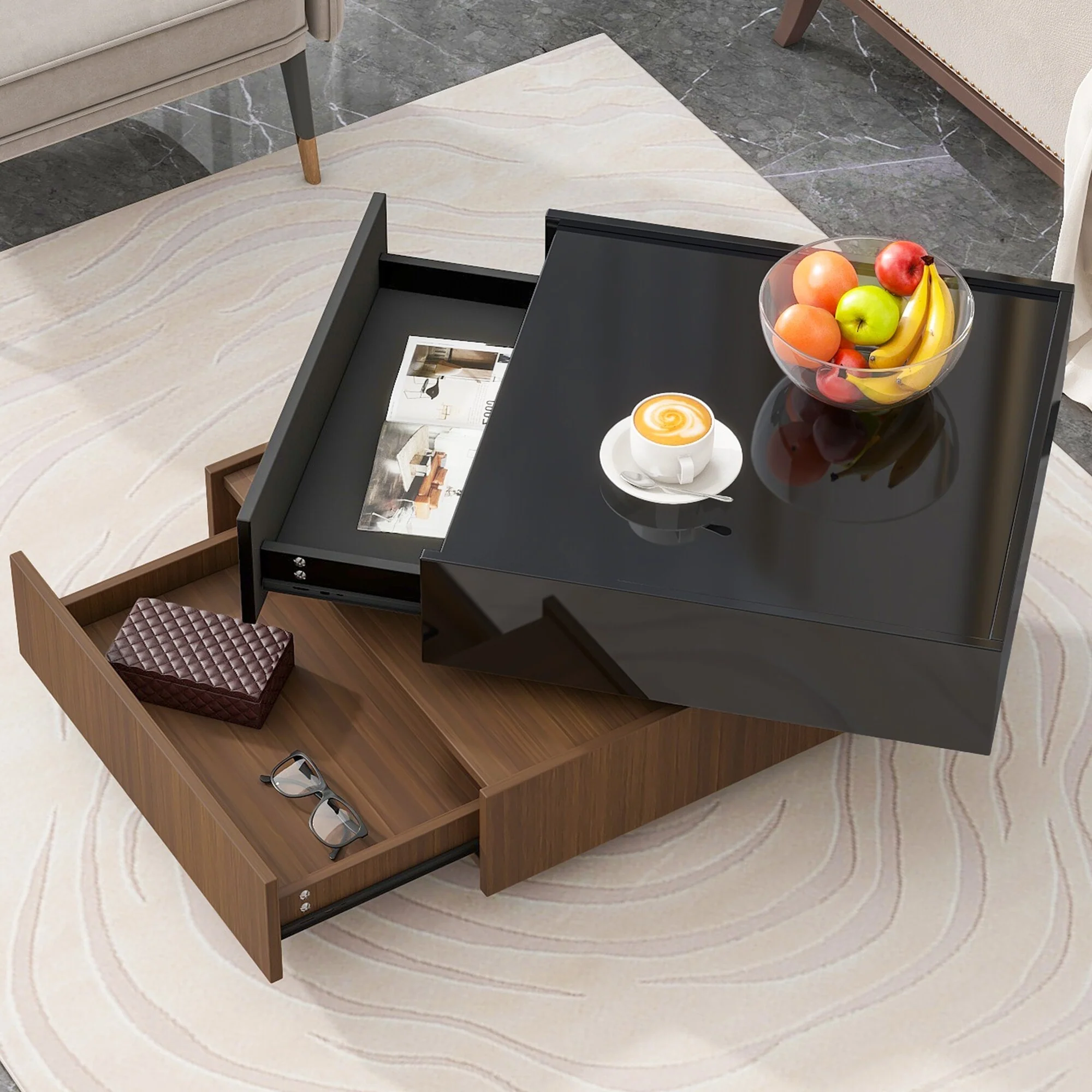 Rotating Coffee Table with 2 Drawers, Square 2-Tier Center Table with Black Glossy Tabletop, Wood Base, Storage Side Table