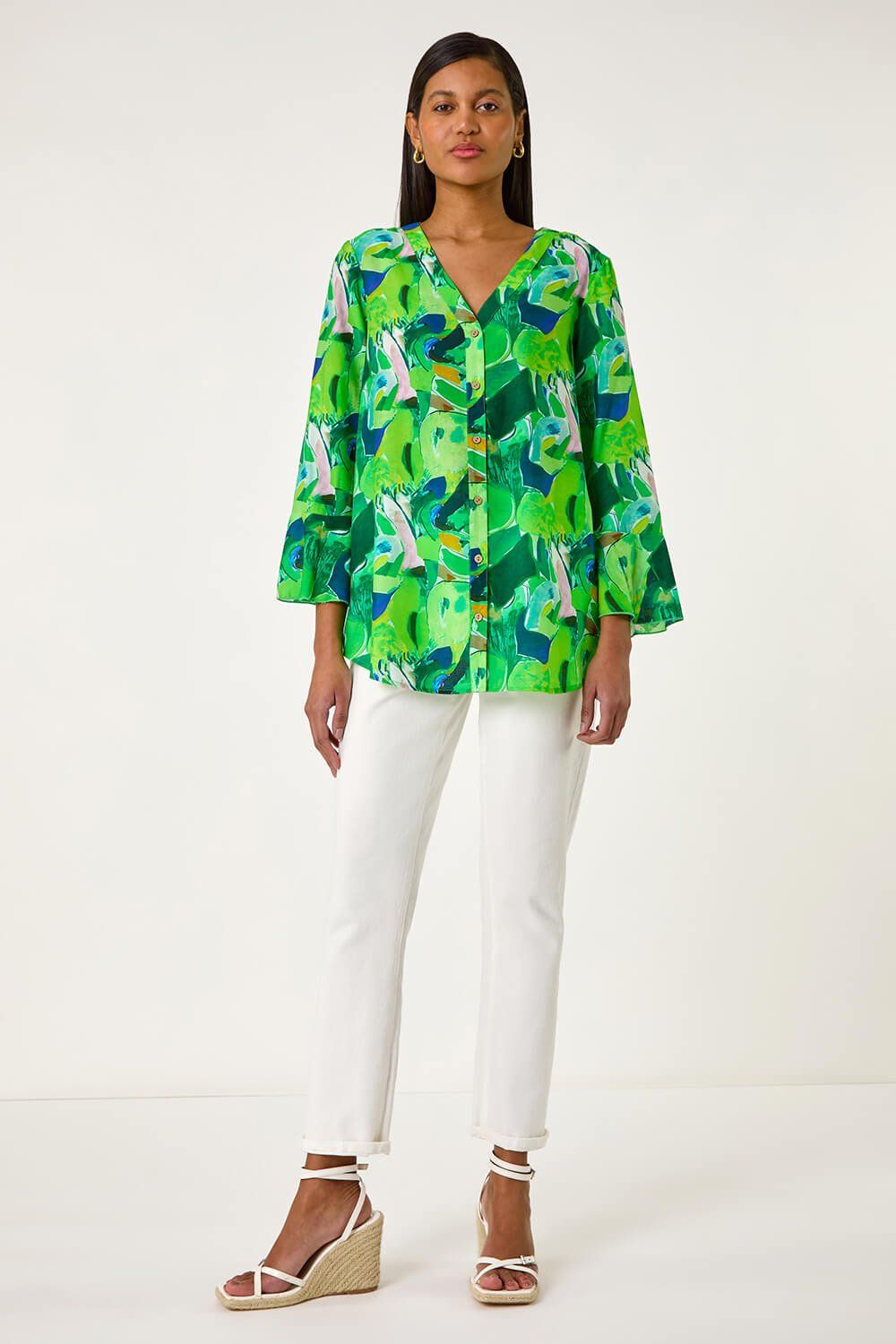Roman Abstract Print Flared Blouse