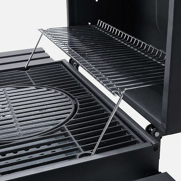 Barbecue Grill charbon de bois noir - Fumoir avec récupérateur de cendres. aérateurs. bac charbon ajustable. tablettes rabattables