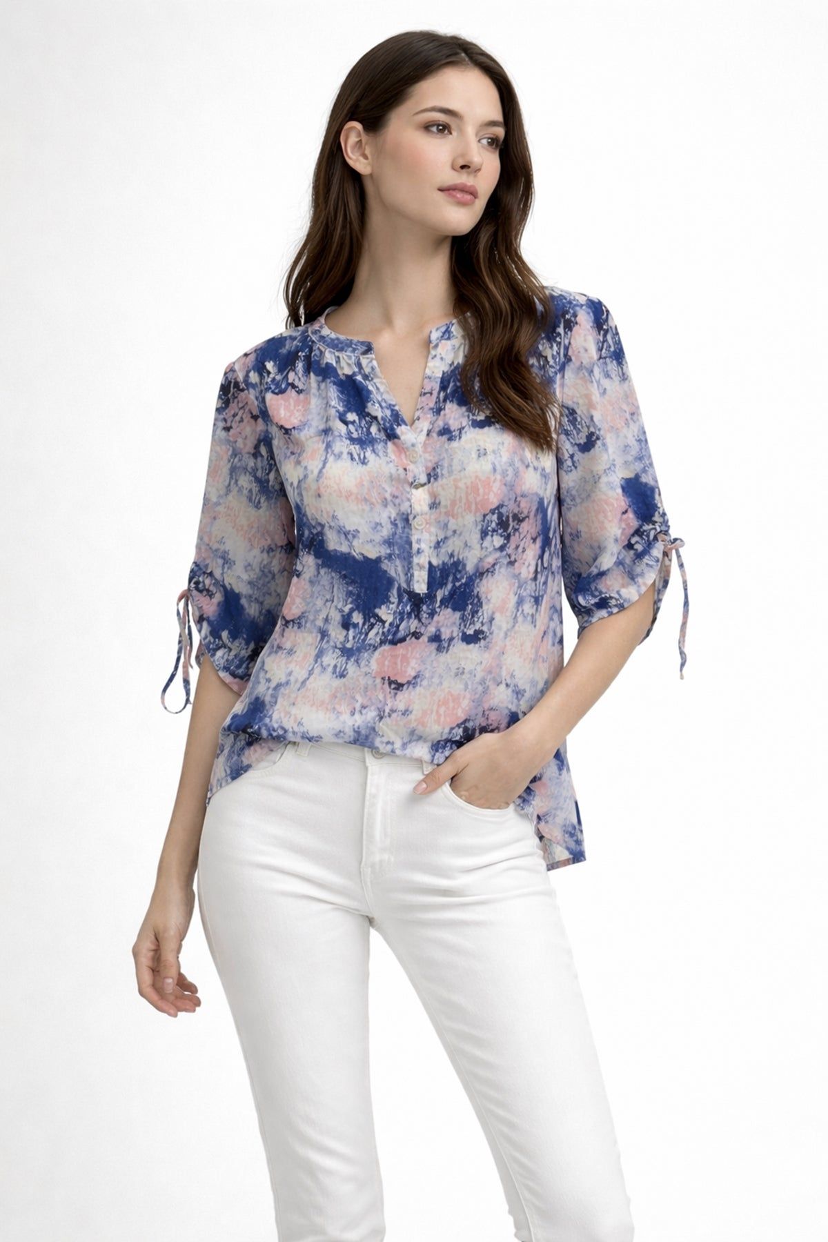 Cutie London Abstract Print Tie-Sleeve Blouse