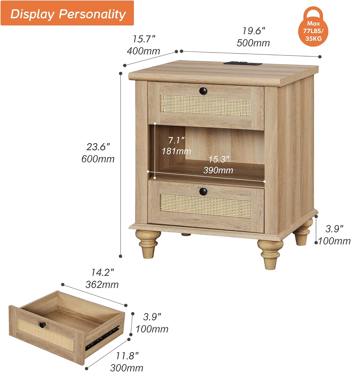 WAMPAT Rattan End Table with Charging Station for Living, Small Sofa Side Table with 2 Drawers & Open Shelf, Farmhouse Wooden Night Stand Retro Bedside Table for Living Room, Light Oak