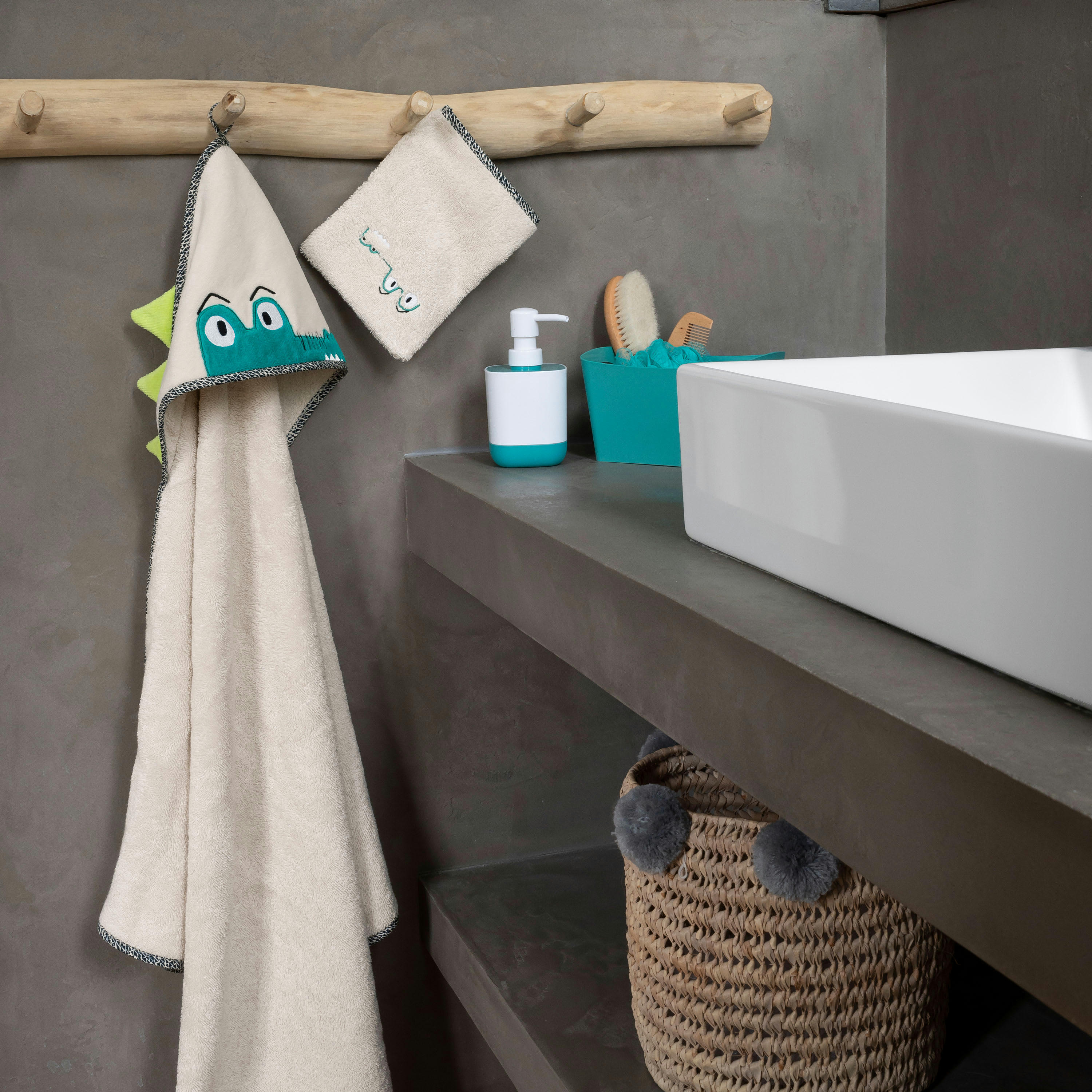 CROCOFUL - Gant de toilette bouclette de coton brodé bouclette beige 15 x 21 cm