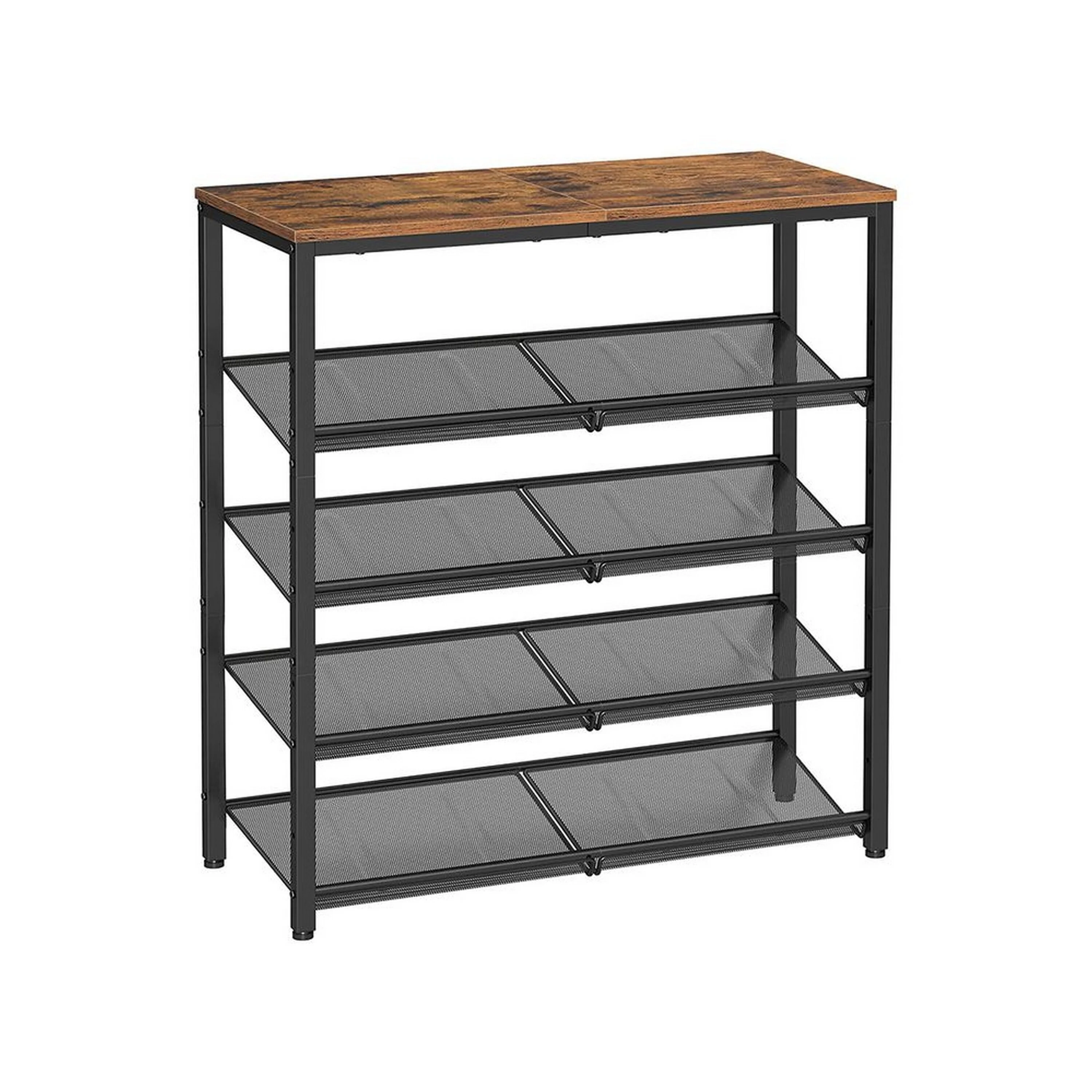 37 Inch Modern 5 Tier Shoe Stand, Adjustable Grill Shelves, Black Metal