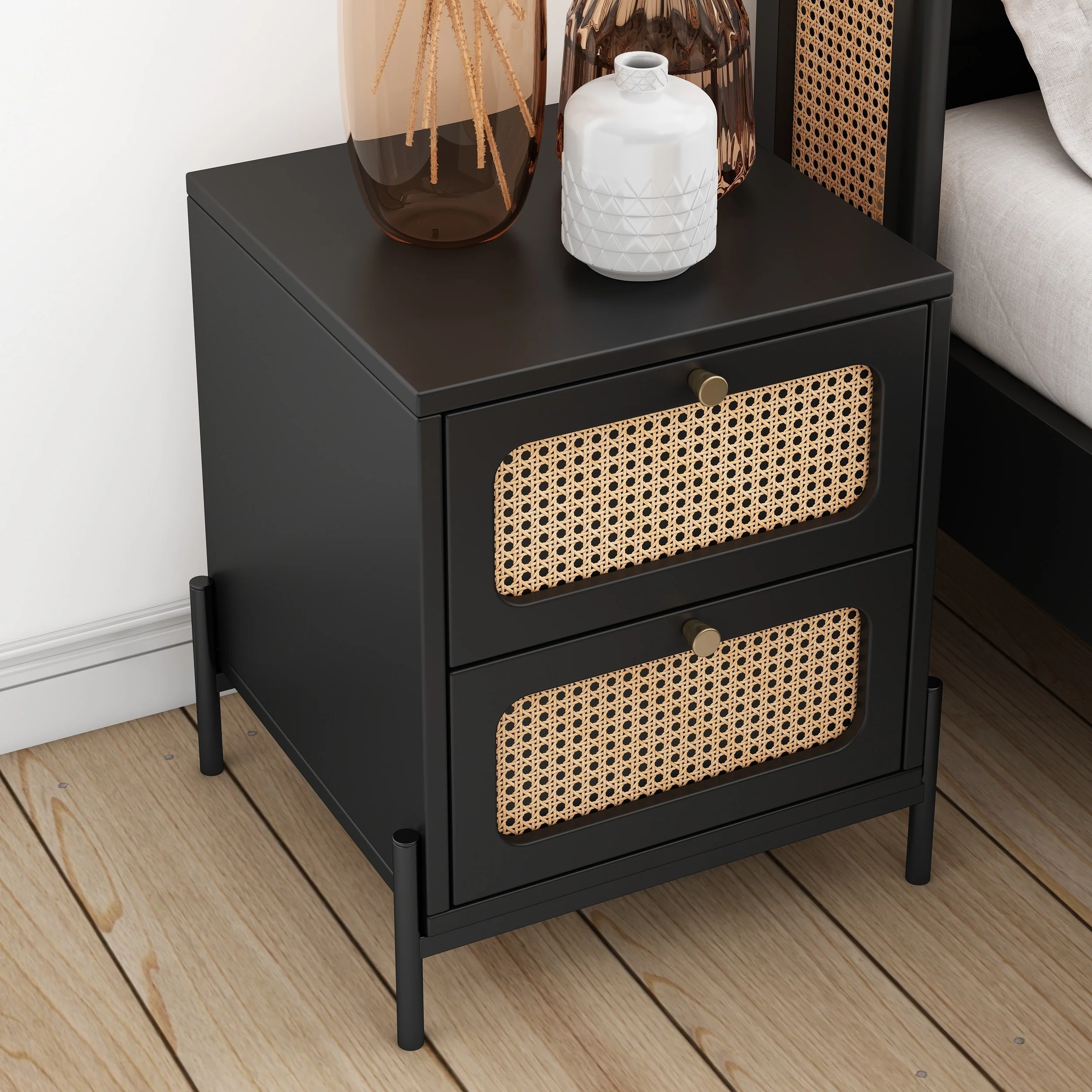 Modern Rattan Wood Closet 2-Drawer Bachelors Chest, Side Table, End Table, Nightstand for Bedroom, Living Room