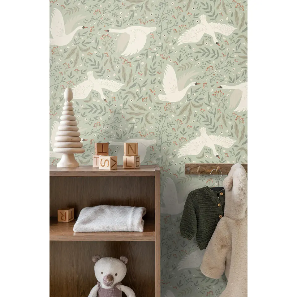 ESTAhome behang zwanen mintgroen - 53 cm x 10.05 m