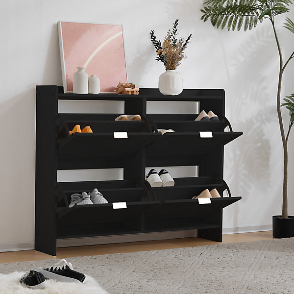 Meuble à Chaussures Noir avec 4 Compartiments Abattants et étagère Ouverte, Meuble d'Entrée pour Couloir ou Entrée - 110x24x90 cm