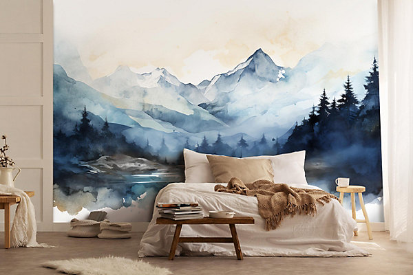Papier Peint Intissé Panoramique Montagnes Aquarelle 300x210 cm - Colle Inclus - Chambre et Salon - Bleu Blanc