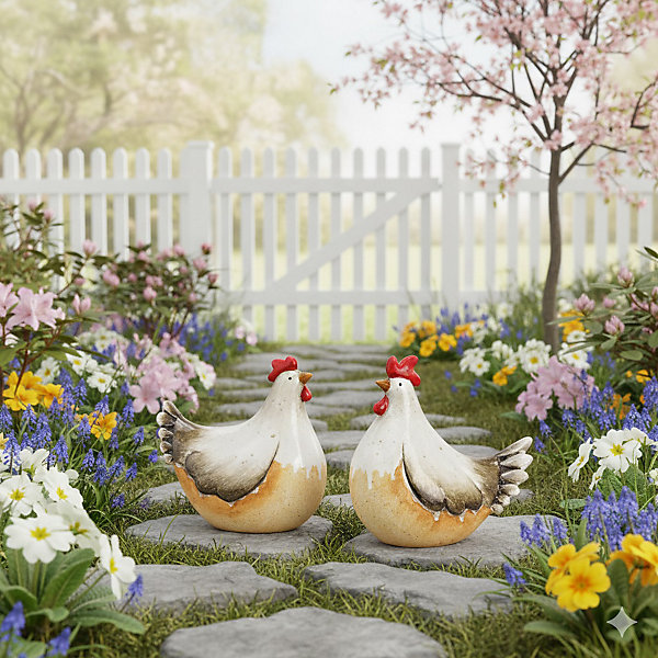 Deux décoration de jardin coq &poule en céramique